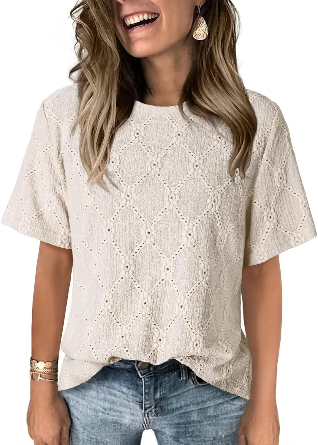 Dokotoo Women's Tops Casual Scoop Neck Short Sleeve Eyelet Embroidered Hollow Out Blouses Shirts