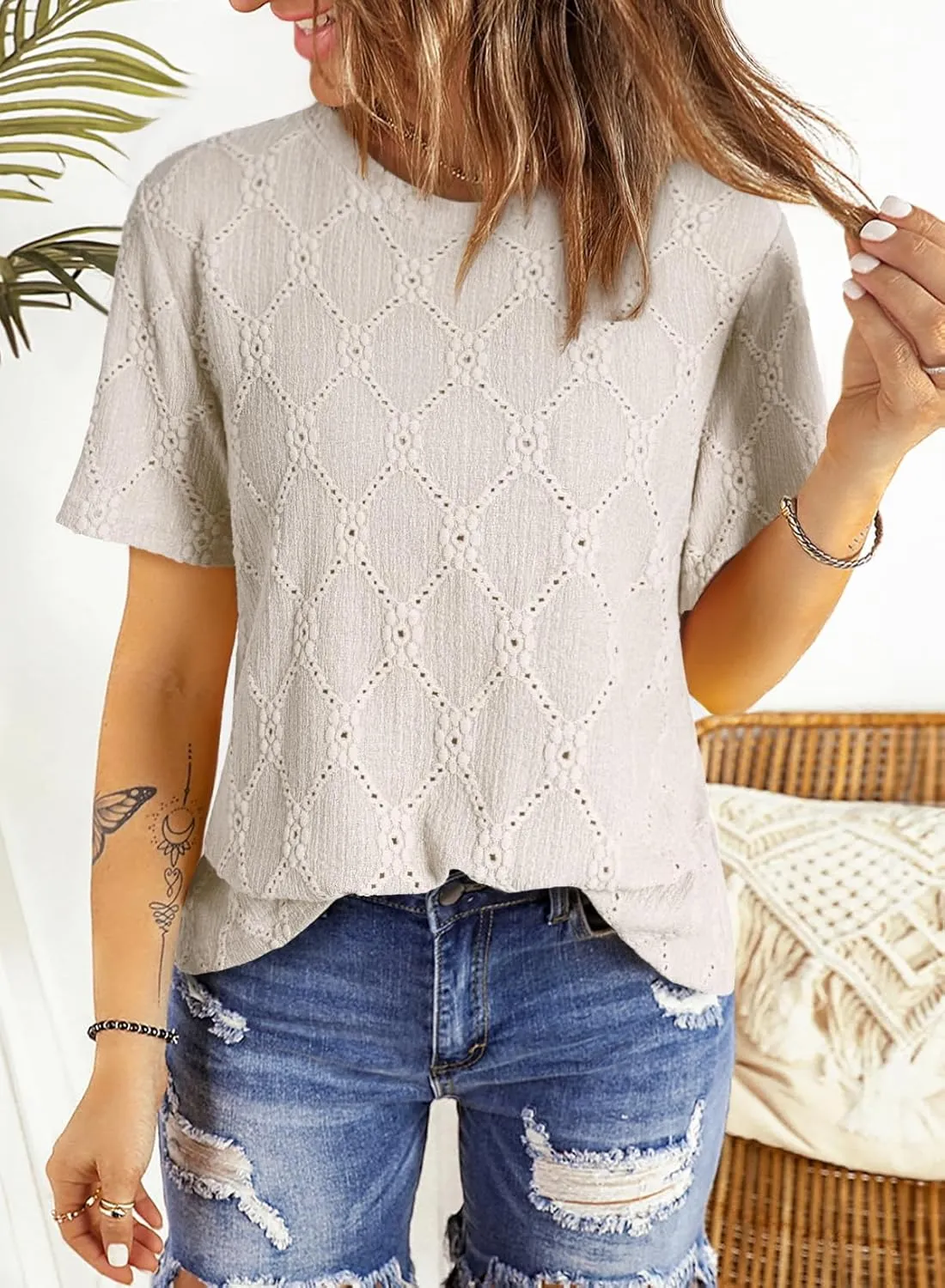 Dokotoo Women's Tops Casual Scoop Neck Short Sleeve Eyelet Embroidered Hollow Out Blouses Shirts