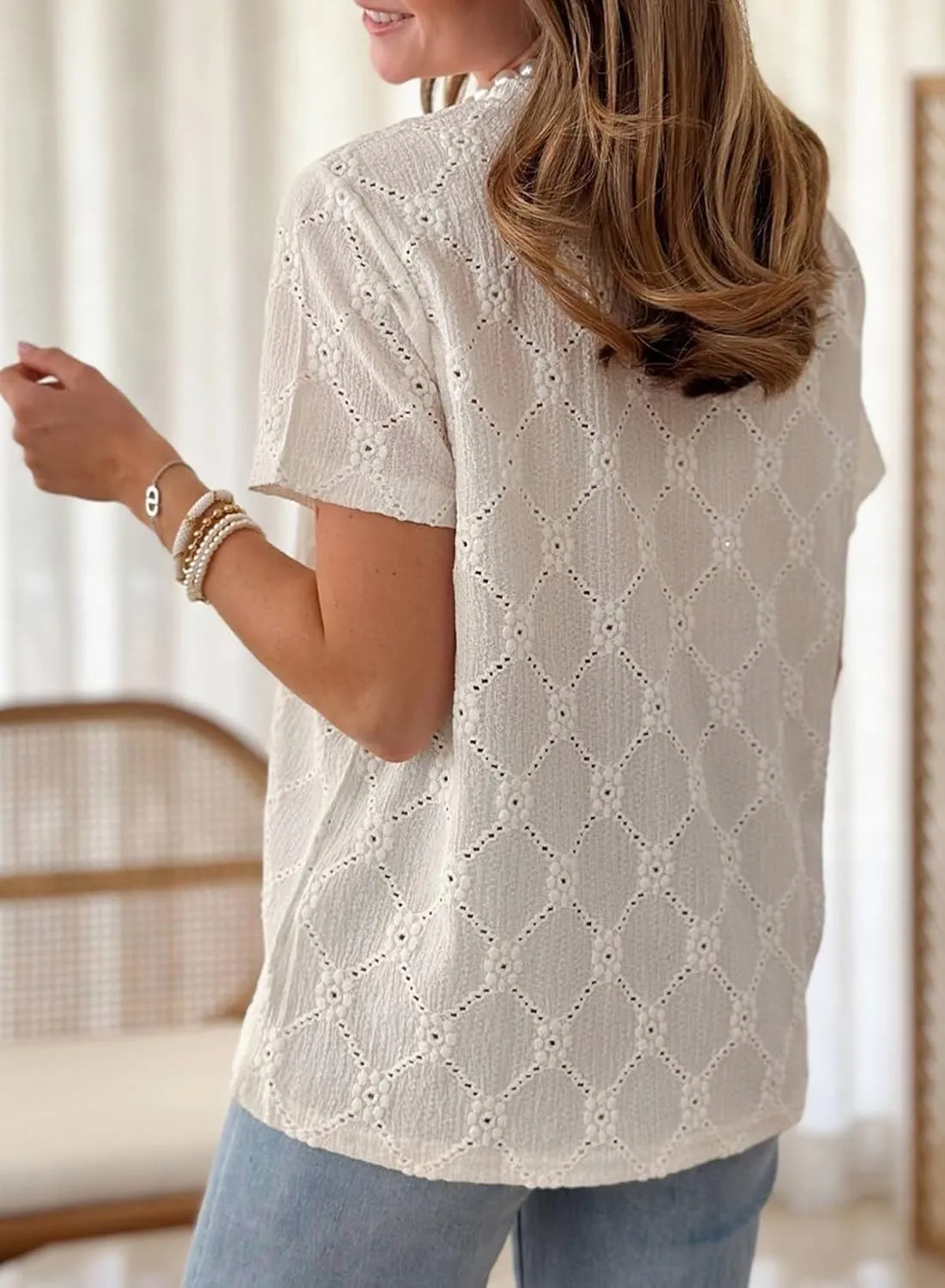 Dokotoo Women's Tops Casual Scoop Neck Short Sleeve Eyelet Embroidered Hollow Out Blouses Shirts