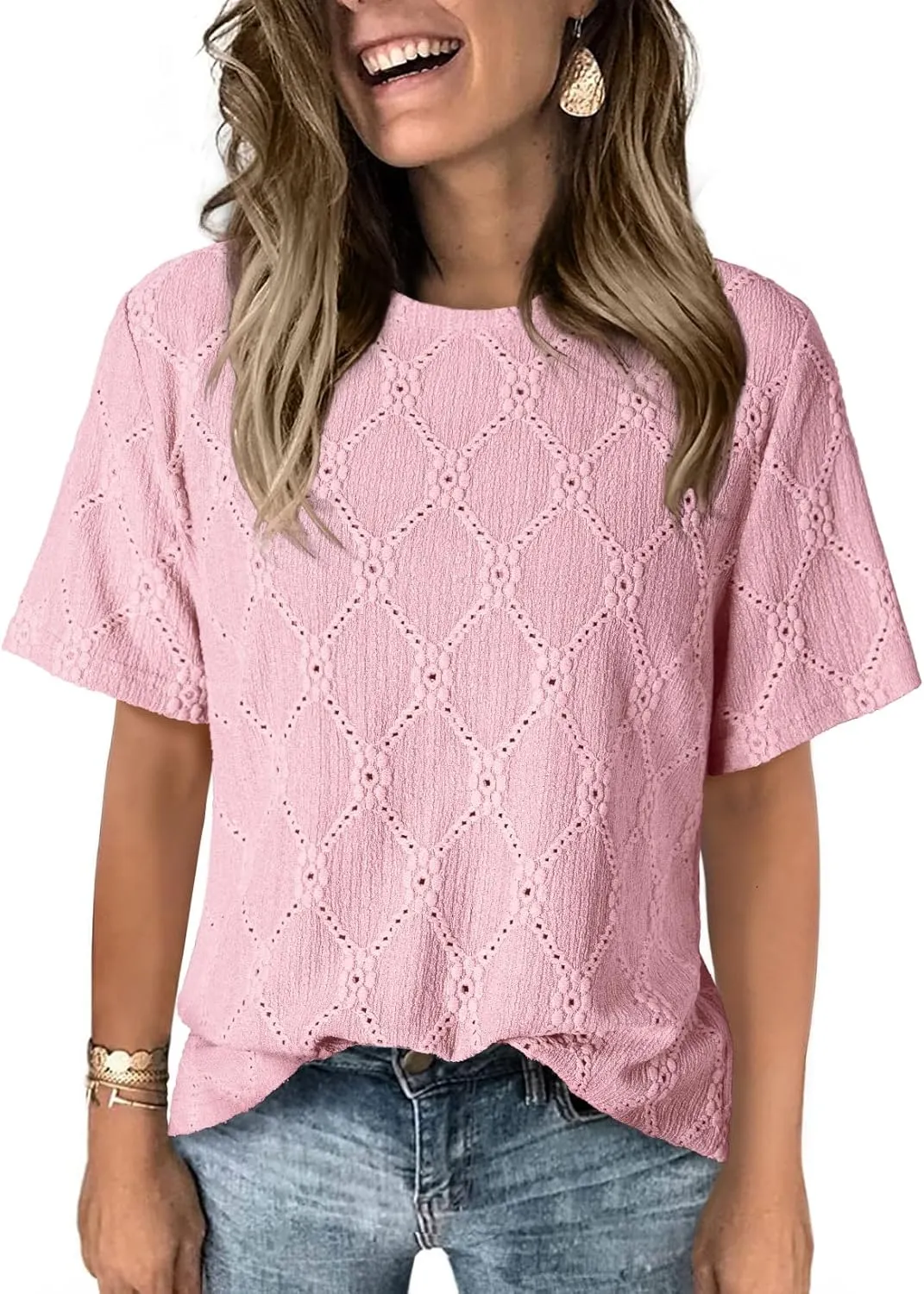 Dokotoo Women's Tops Casual Scoop Neck Short Sleeve Eyelet Embroidered Hollow Out Blouses Shirts