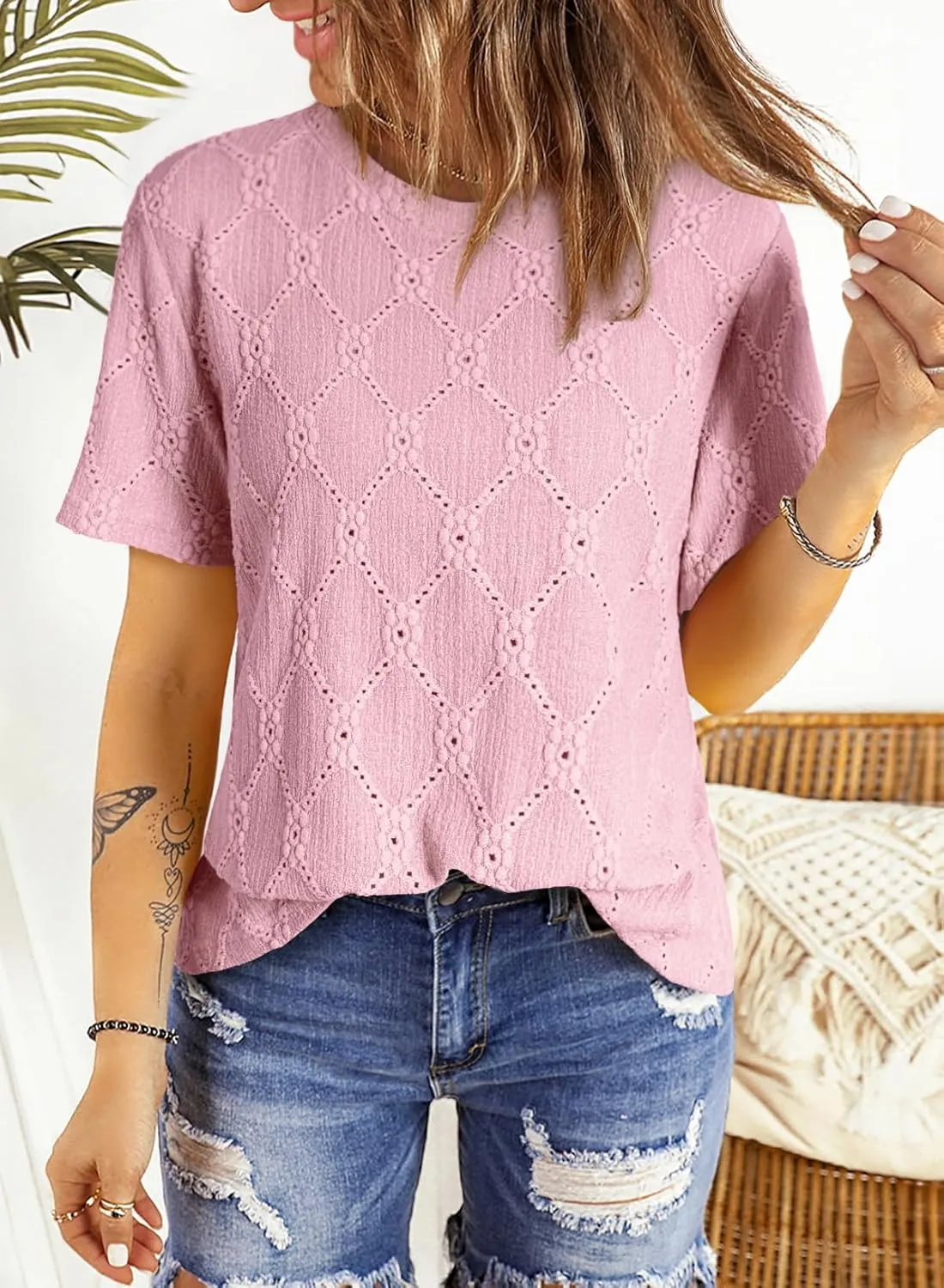 Dokotoo Women's Tops Casual Scoop Neck Short Sleeve Eyelet Embroidered Hollow Out Blouses Shirts