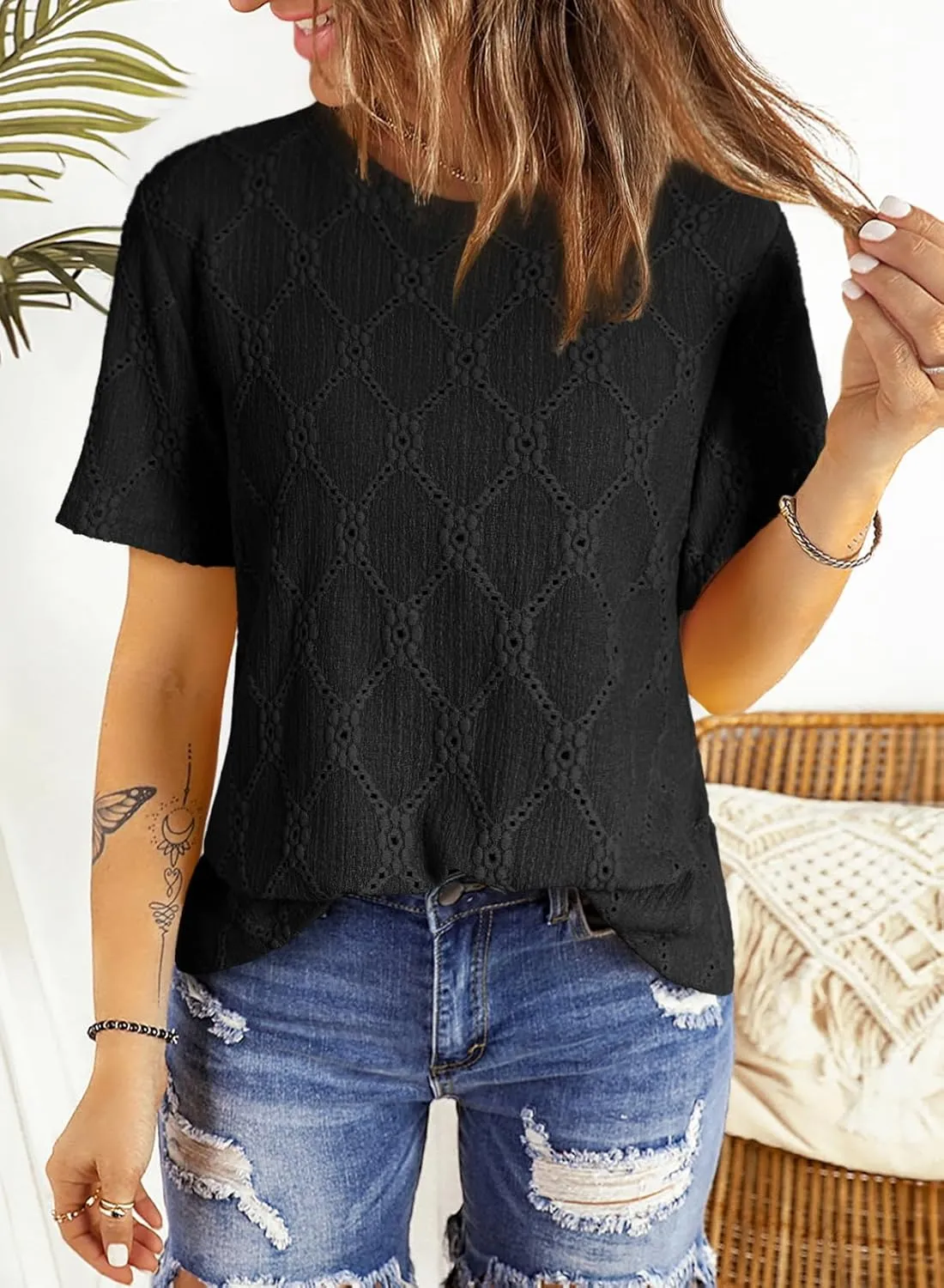 Dokotoo Women's Tops Casual Scoop Neck Short Sleeve Eyelet Embroidered Hollow Out Blouses Shirts