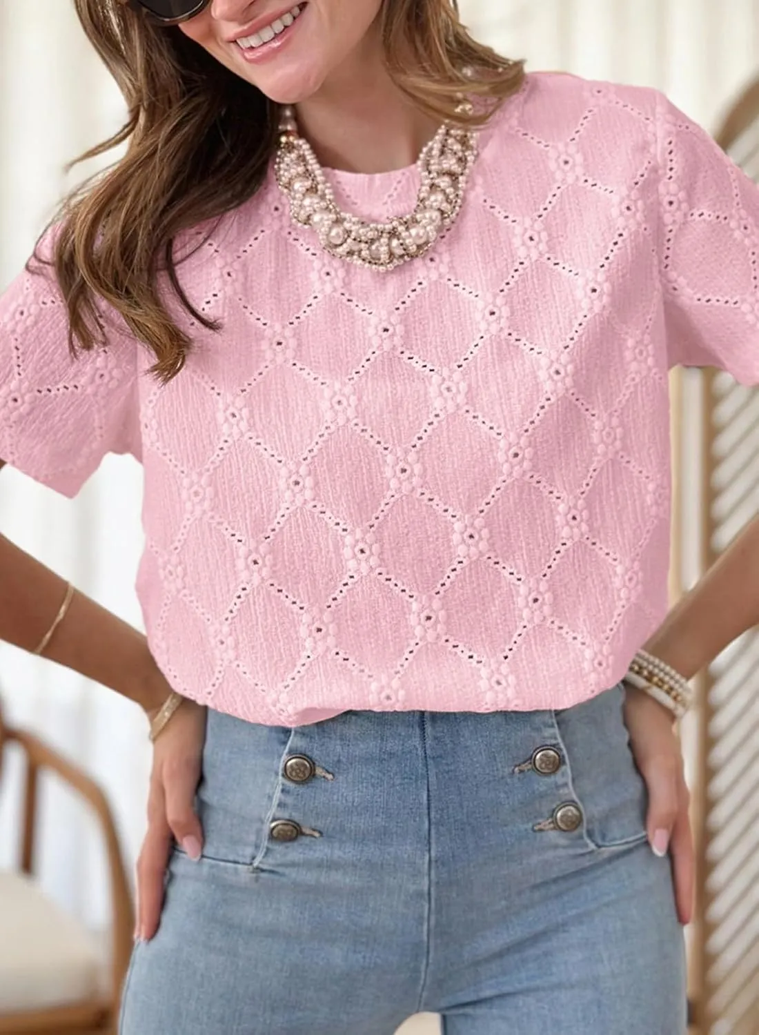 Dokotoo Women's Tops Casual Scoop Neck Short Sleeve Eyelet Embroidered Hollow Out Blouses Shirts