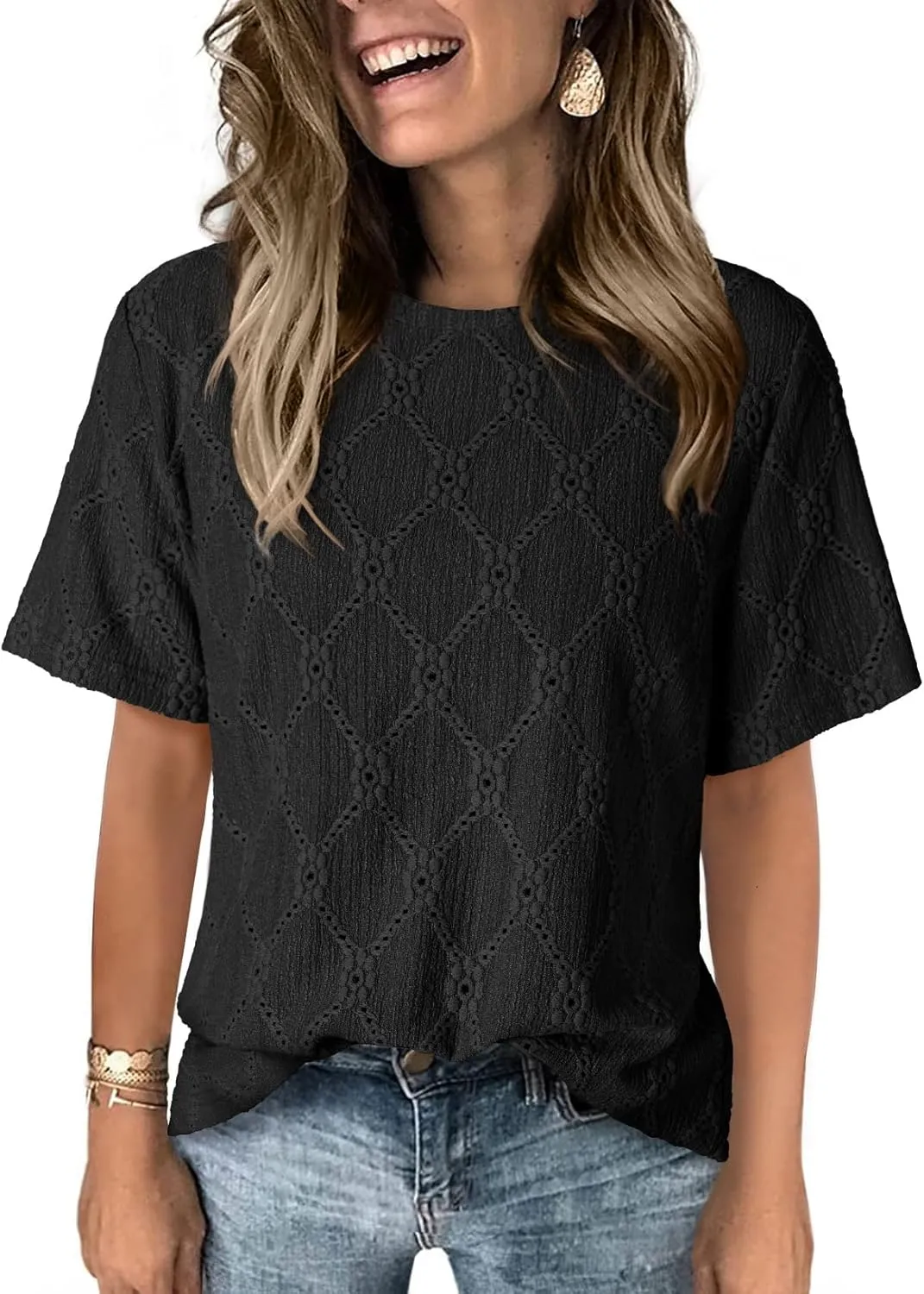 Dokotoo Women's Tops Casual Scoop Neck Short Sleeve Eyelet Embroidered Hollow Out Blouses Shirts