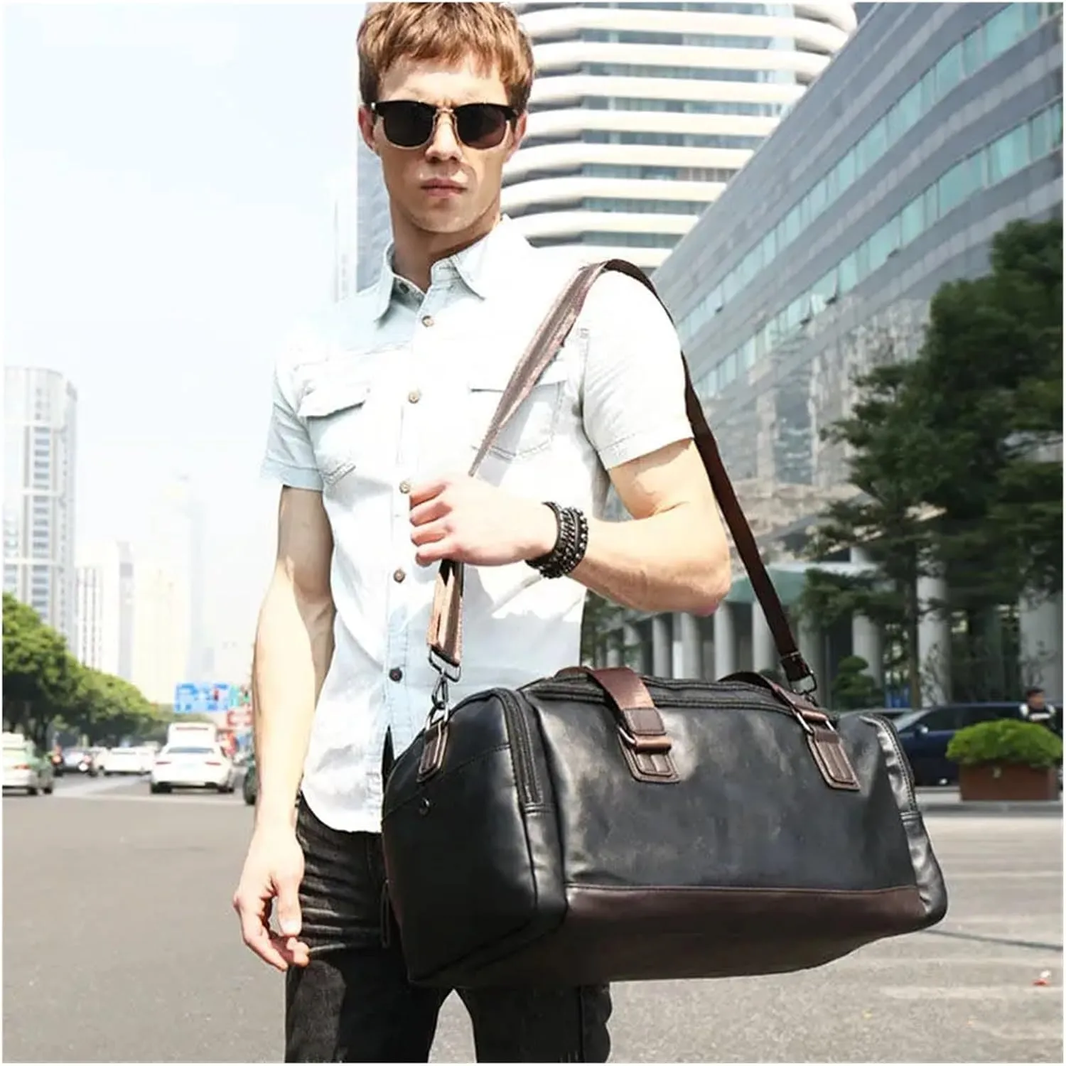 Duffle Bag For Travel Men's PU Leather Gym Bag Sports Bags Duffel Travel Luggage Tote Handbag For Male Fitness(Black L)