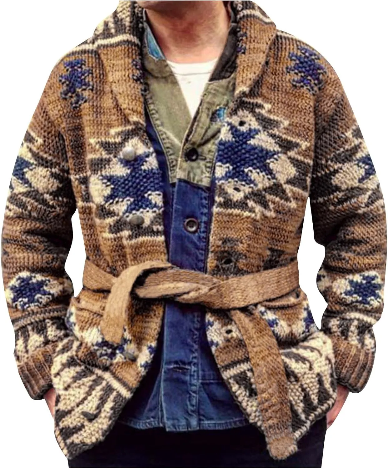 Ethnic Pattern Sweater Men Vintage Cardigan Sweater V Neck Button Down Sweaters Lightweight Knit Cardigan with Pocket