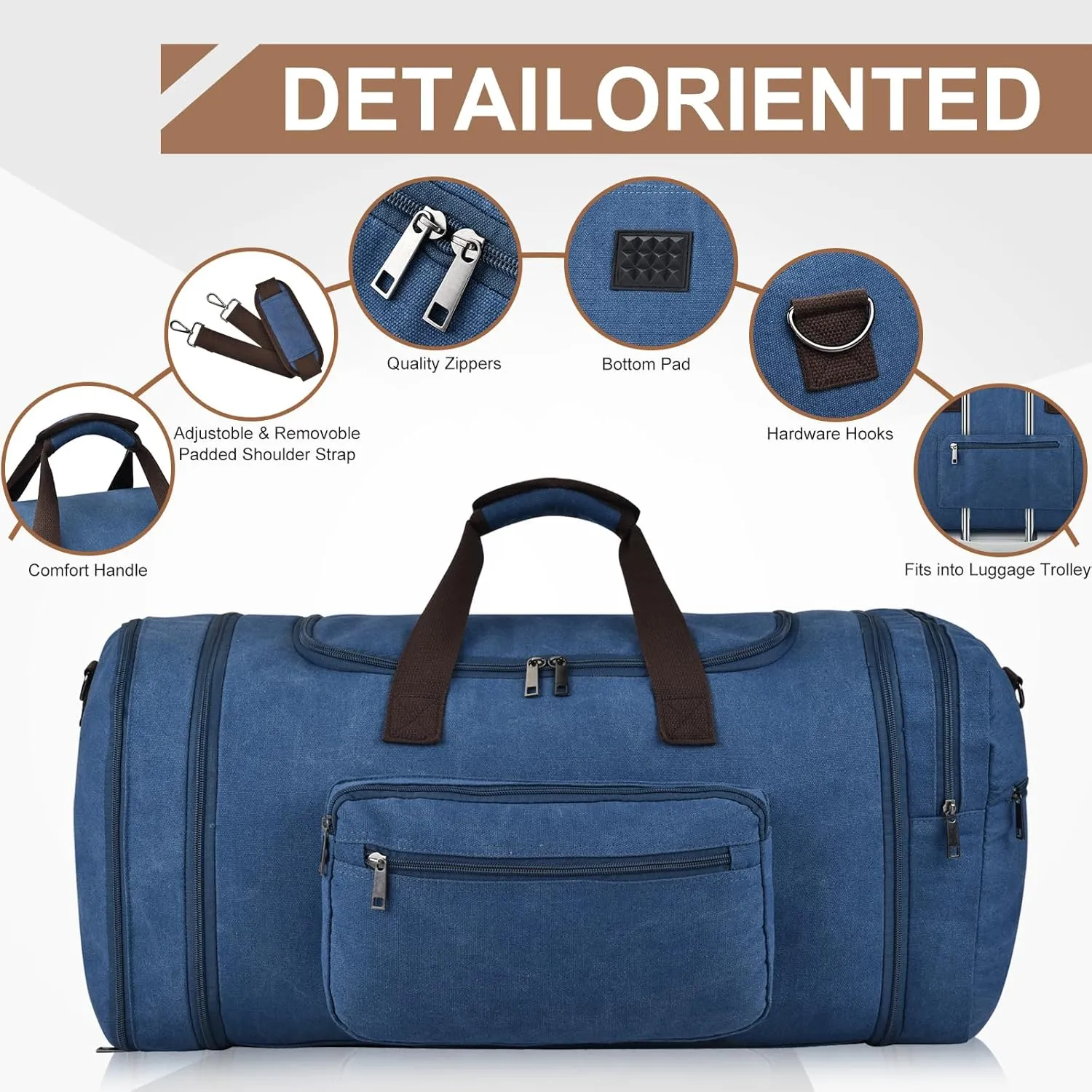 Felipe Varela Duffle Bag for Men, Expandable Canvas Duffel Bag for Travel, Mens Carry On Luggage Bag Traveling Weekender Gym Overnight Bags for Airplanes, Blue