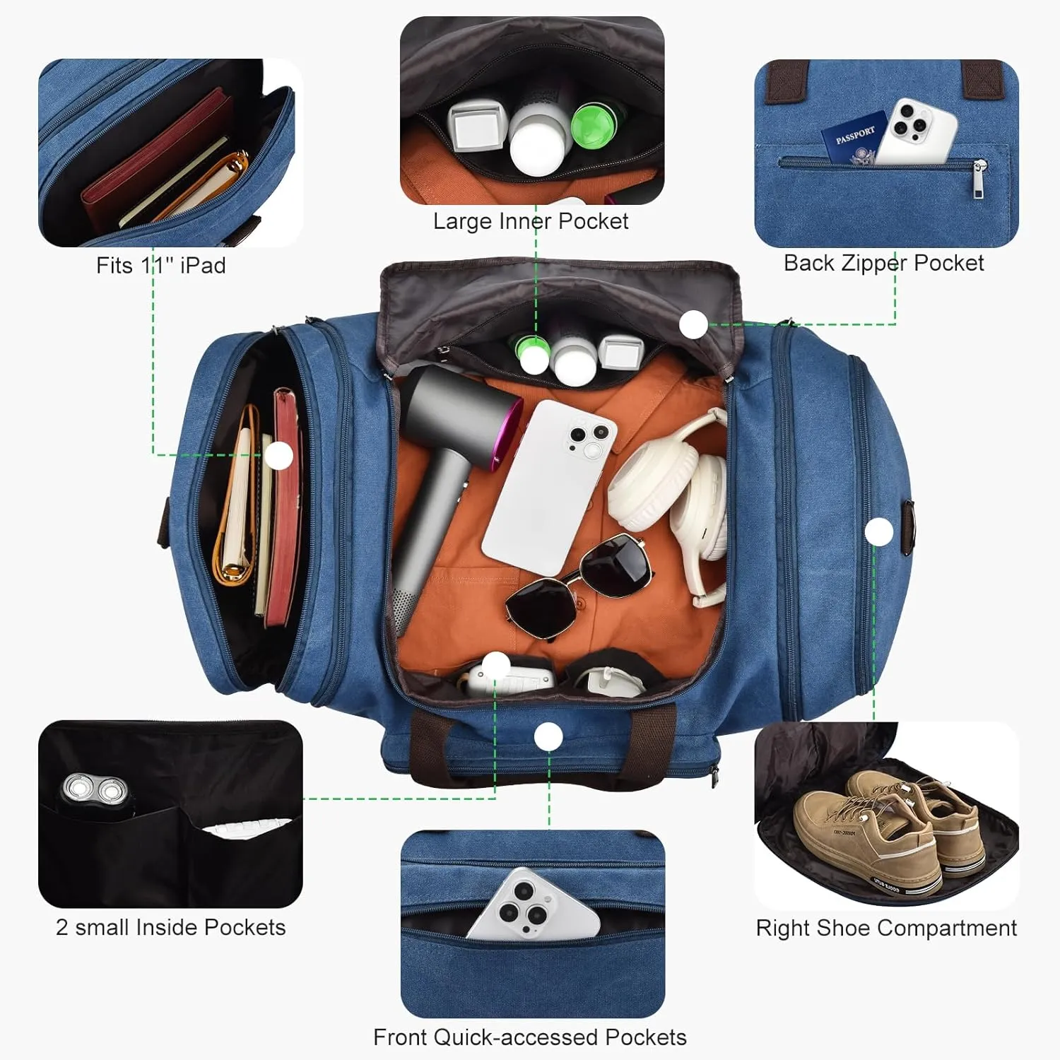 Felipe Varela Duffle Bag for Men, Expandable Canvas Duffel Bag for Travel, Mens Carry On Luggage Bag Traveling Weekender Gym Overnight Bags for Airplanes, Blue