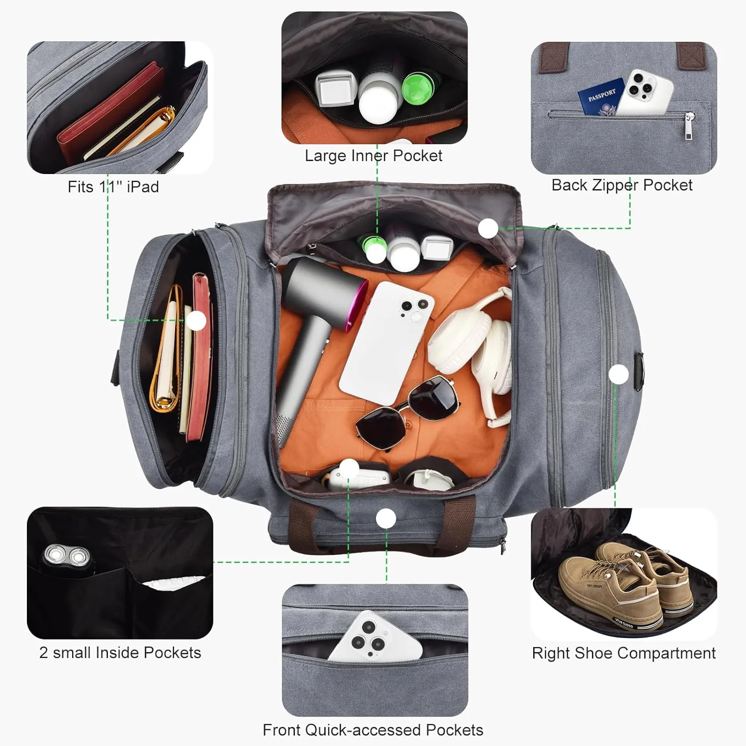 Felipe Varela Duffle Bag for Men, Expandable Canvas Duffel Bag for Travel, Mens Carry On Luggage Bag Traveling Weekender Gym Overnight Bags for Airplanes, Grey