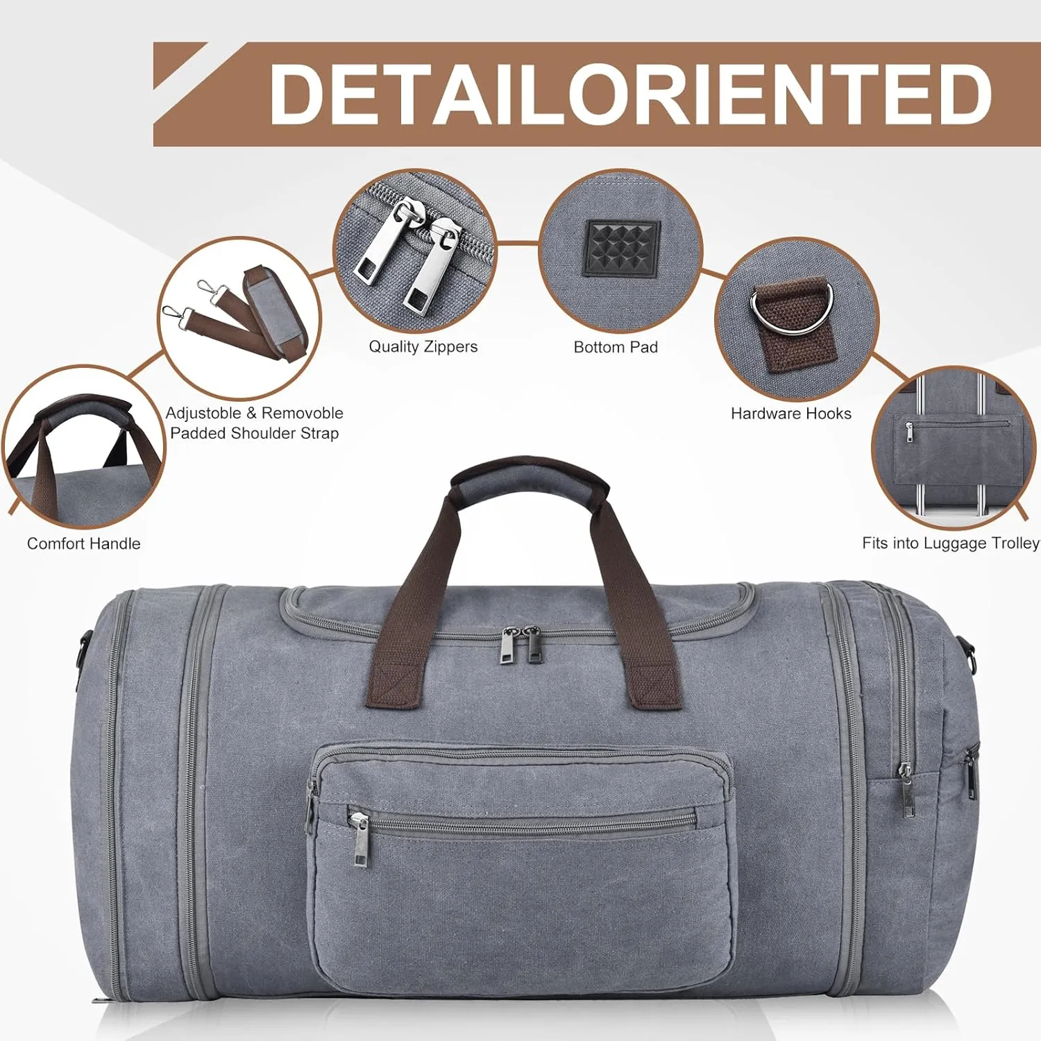 Felipe Varela Duffle Bag for Men, Expandable Canvas Duffel Bag for Travel, Mens Carry On Luggage Bag Traveling Weekender Gym Overnight Bags for Airplanes, Grey
