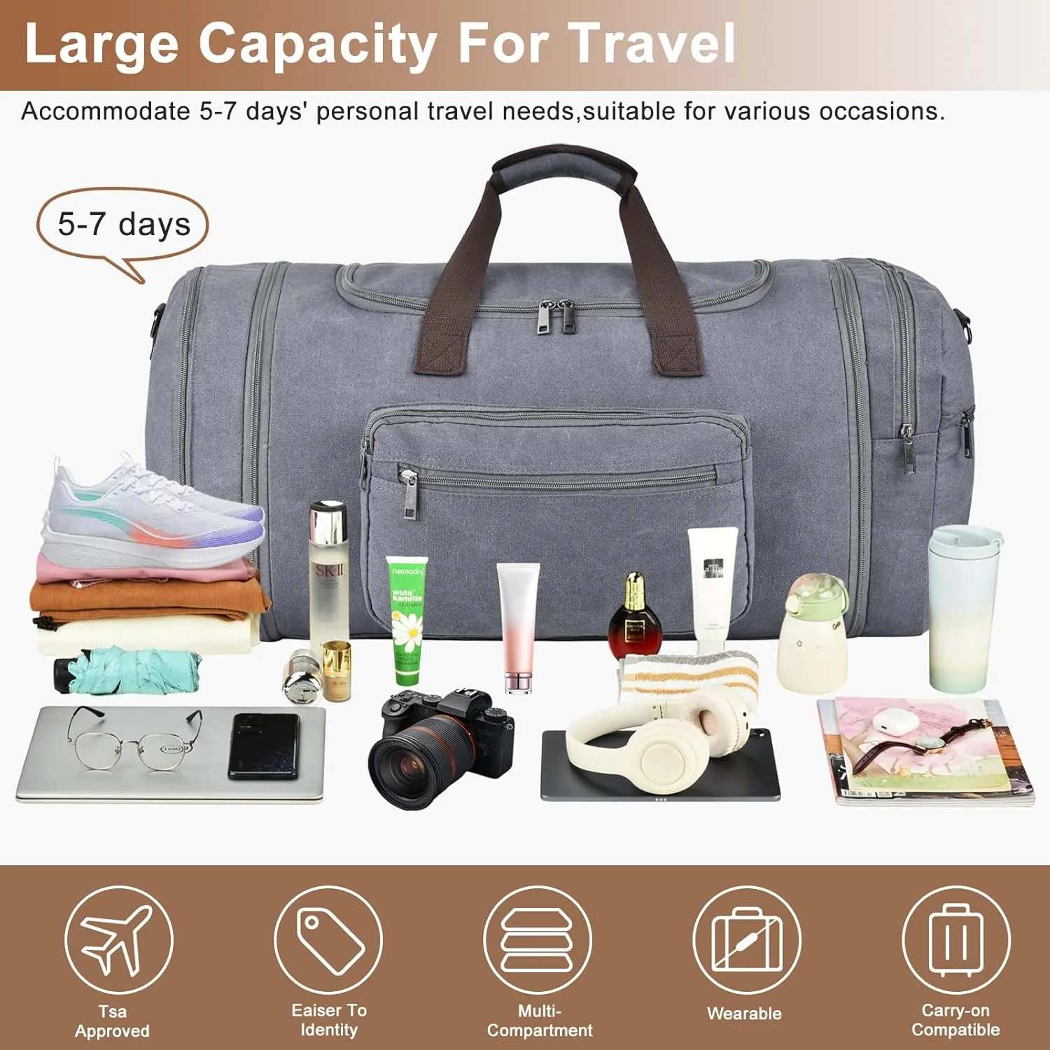 Felipe Varela Duffle Bag for Men, Expandable Canvas Duffel Bag for Travel, Mens Carry On Luggage Bag Traveling Weekender Gym Overnight Bags for Airplanes, Grey