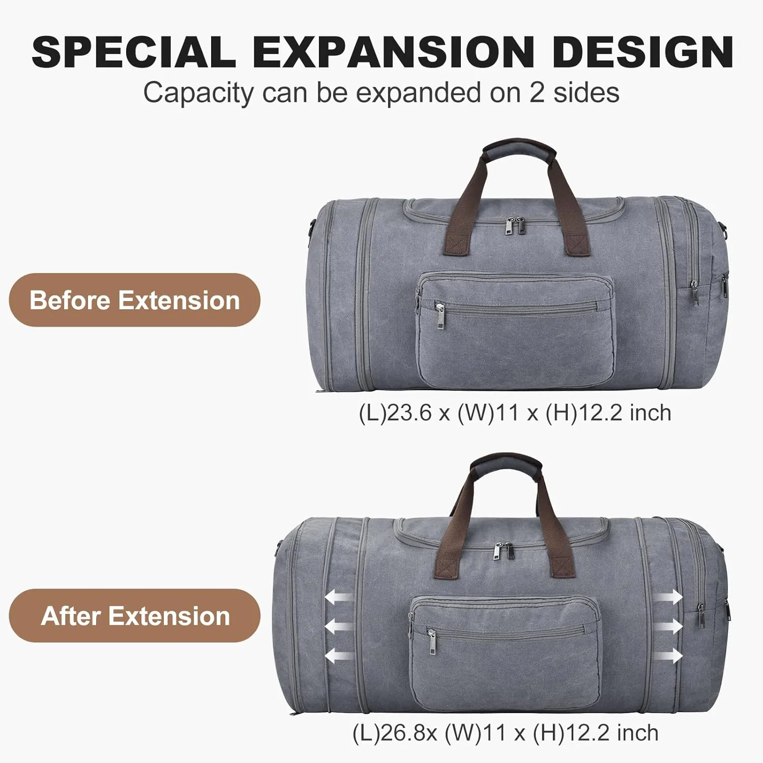 Felipe Varela Duffle Bag for Men, Expandable Canvas Duffel Bag for Travel, Mens Carry On Luggage Bag Traveling Weekender Gym Overnight Bags for Airplanes, Grey
