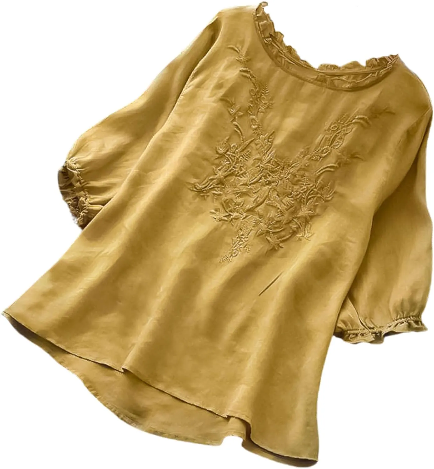 FindThy Women's Floral Embroidery Linen Shirts 3/4 Sleeve Round Neck Babydoll Tops Blouses
