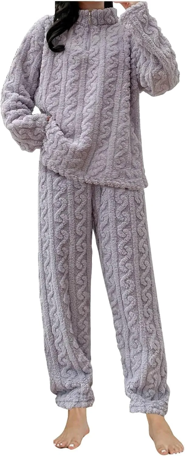 Fleece Pajamas for Women Warm Fuzzy Oversized Lounge Sets 2 Piece Flannel Long Sleeve Pullover Top Pants Outfits