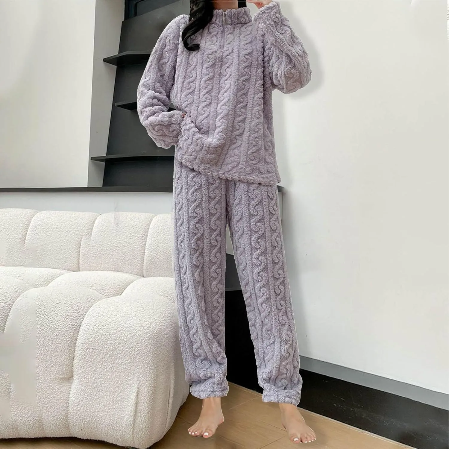 Fleece Pajamas for Women Warm Fuzzy Oversized Lounge Sets 2 Piece Flannel Long Sleeve Pullover Top Pants Outfits