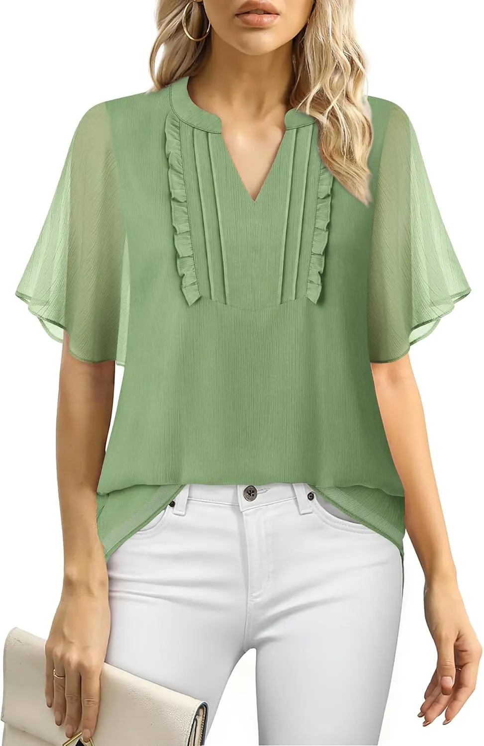Furnex Womens Blouses Chiffon Ruffle Short Sleeve Tops Summer Pleated V Neck Casual Work Tops