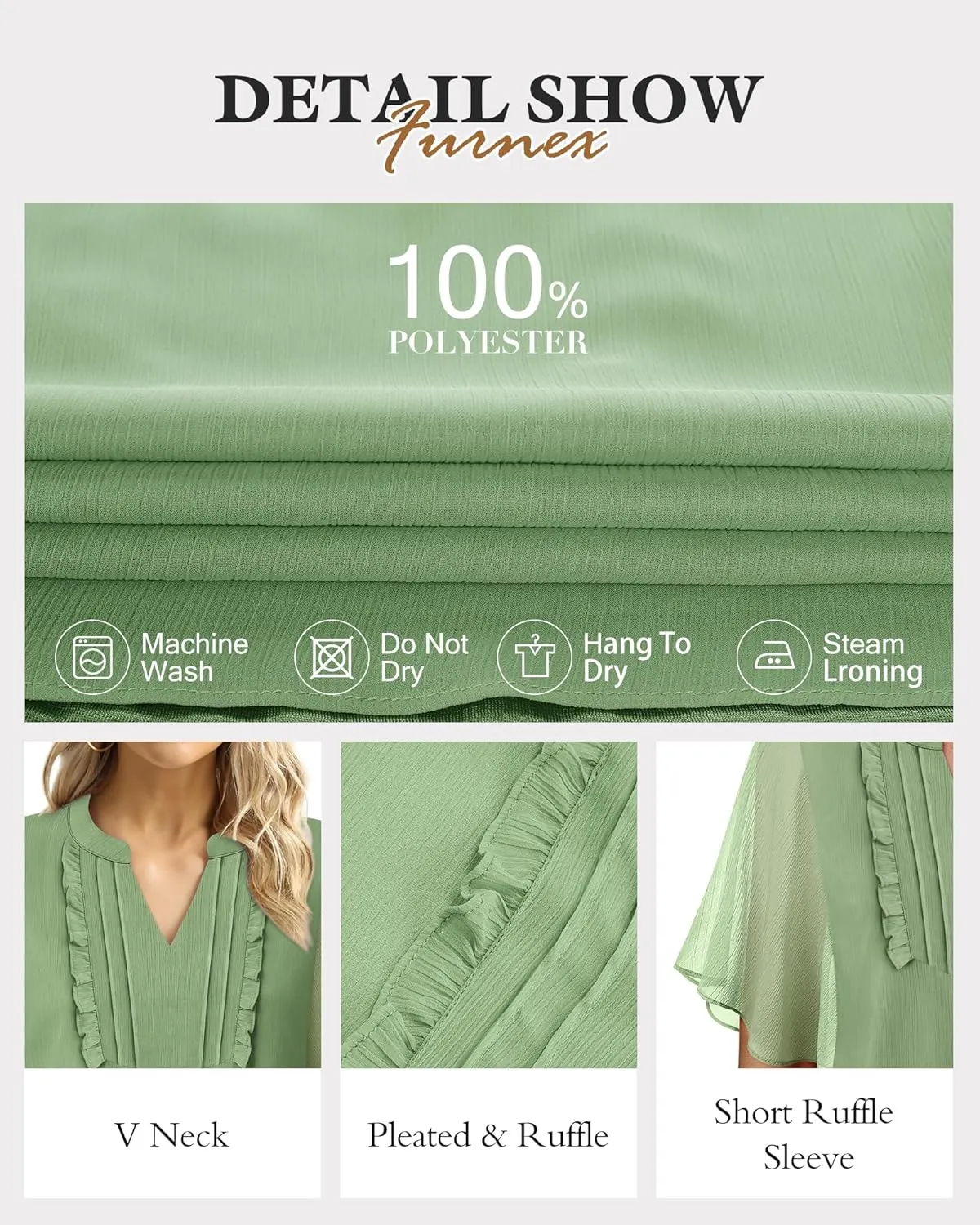 Furnex Womens Blouses Chiffon Ruffle Short Sleeve Tops Summer Pleated V Neck Casual Work Tops