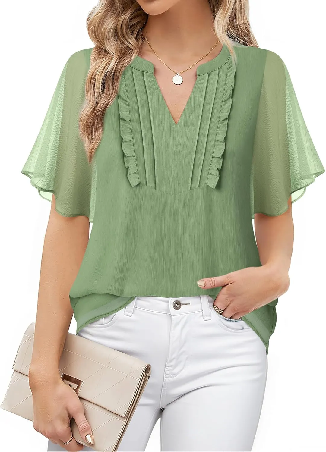 Furnex Womens Blouses Chiffon Ruffle Short Sleeve Tops Summer Pleated V Neck Casual Work Tops