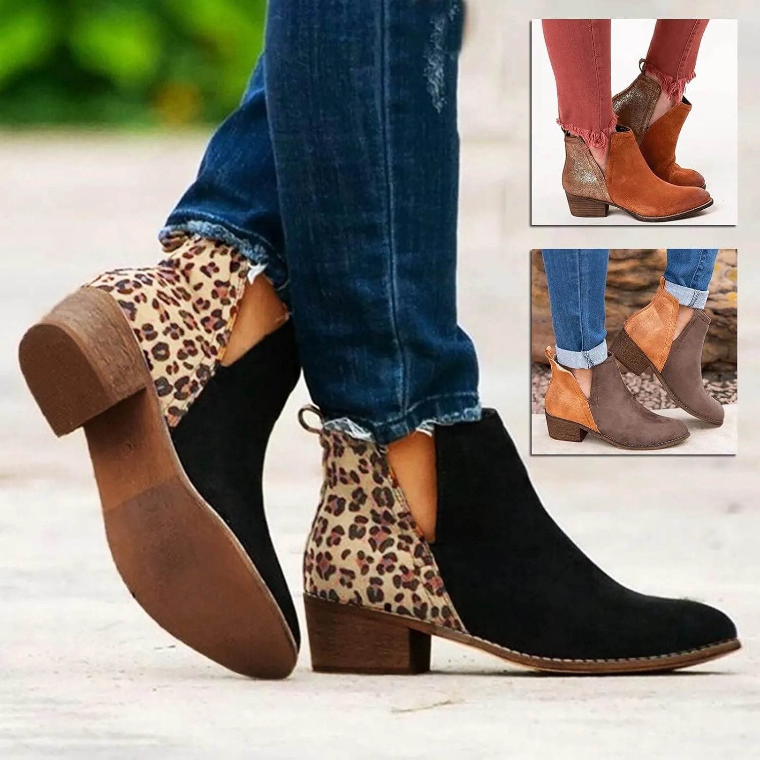Gibobby Ankle Boots for Women Low Heel Womens Ankle Boots Pointed Toe Faux Stacked Chunky Heels V Cut Side Zipper Booties