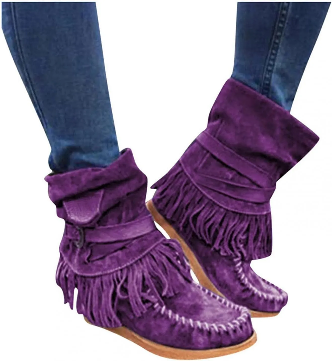 Gibobby Ankle Boots for Women Mid Knee High Boots Chunky Heel Fringe Side Zipper Fashion Winter Shoes Cowboy Booties