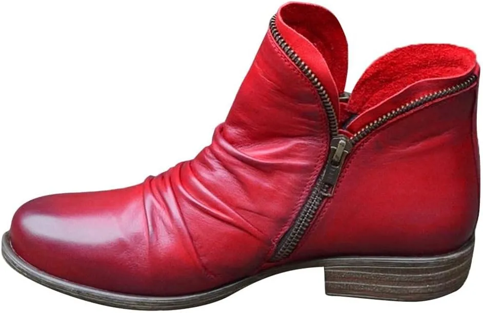 Gibobby Boots for Women Dressy Winter Casual Leather Side Zipper Round Toe Cowboy Booties Fall Flat Short Shoes Boots
