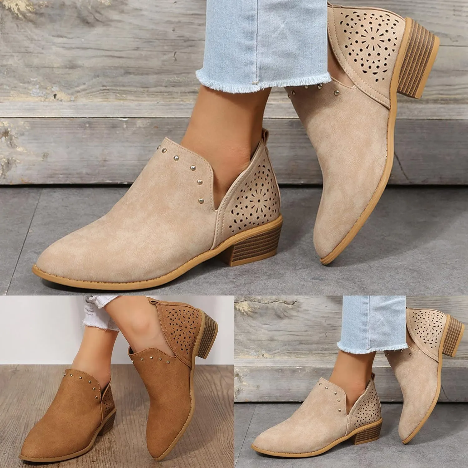 Gibobby Boots for Women Low Heel,Retro V-Cutout Short Warm Boots Closed Toe Low Heel Combat Western Shoes