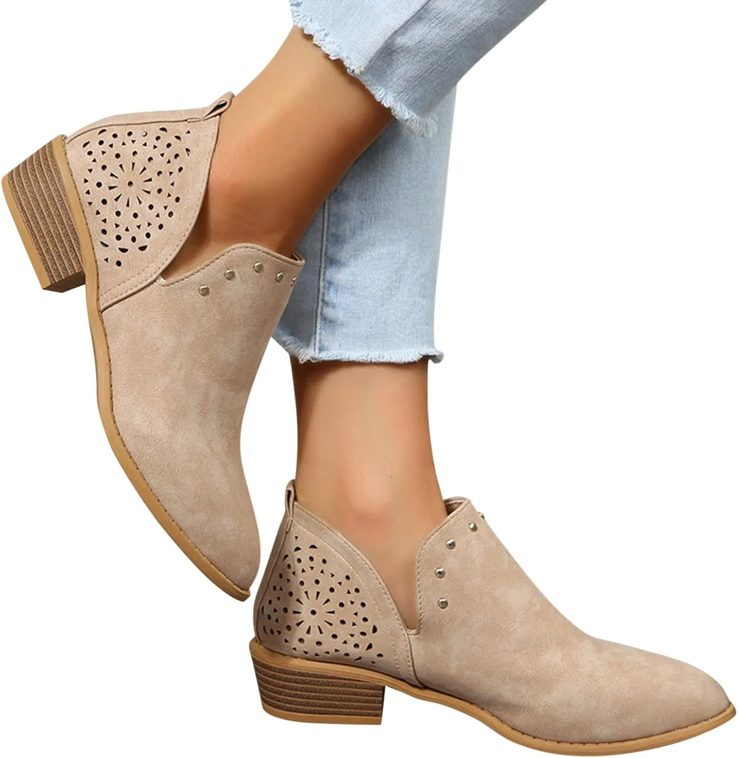 Gibobby Boots for Women Low Heel,Retro V-Cutout Short Warm Boots Closed Toe Low Heel Combat Western Shoes