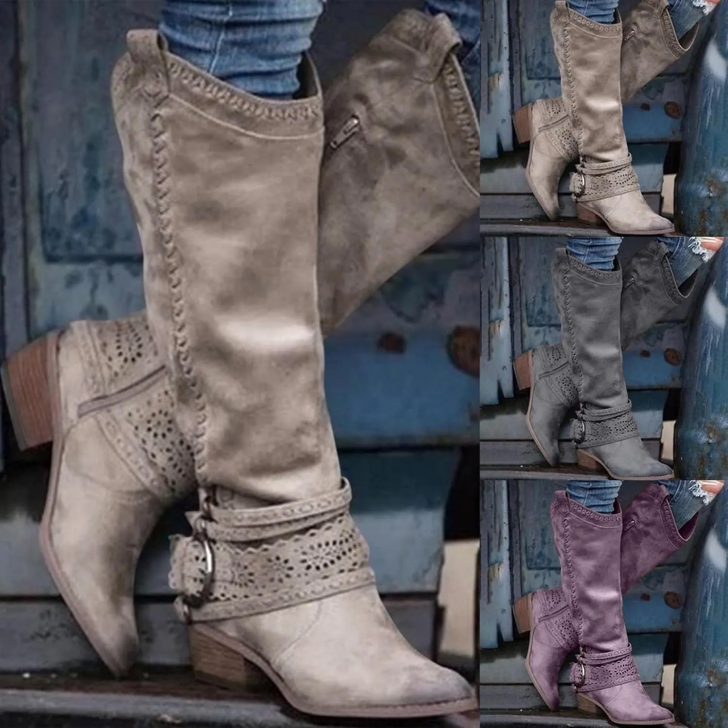 Gibobby Boots for Womens Mid Knee High Boots Chunky Heel Wide Calf Side Zipper Fashion Winter Cowboy Booties