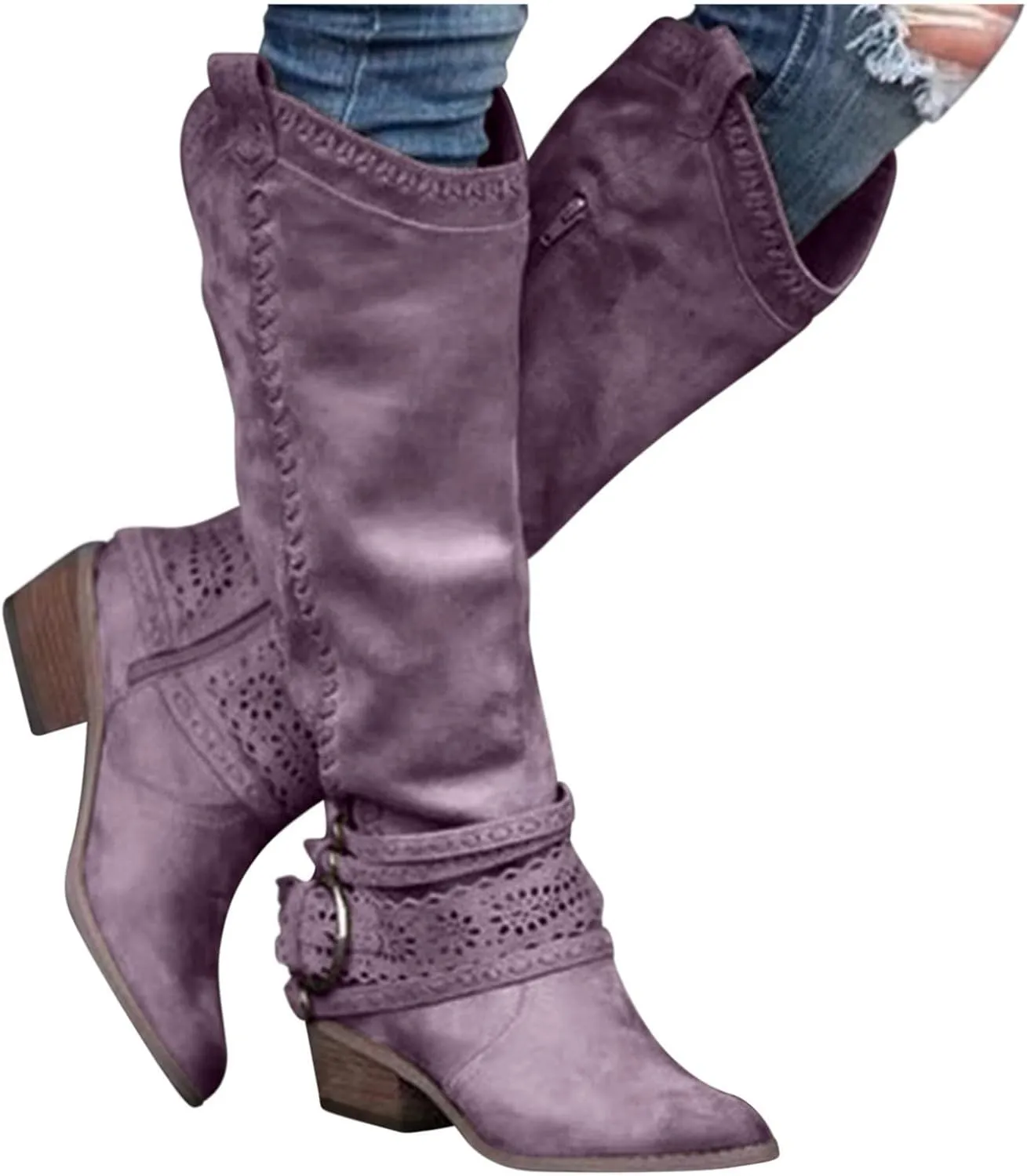 Gibobby Snow Boots for Women Mid Knee High Boots Chunky Heel Wide Calf Side Zipper Fashion Winter Cowboy Booties