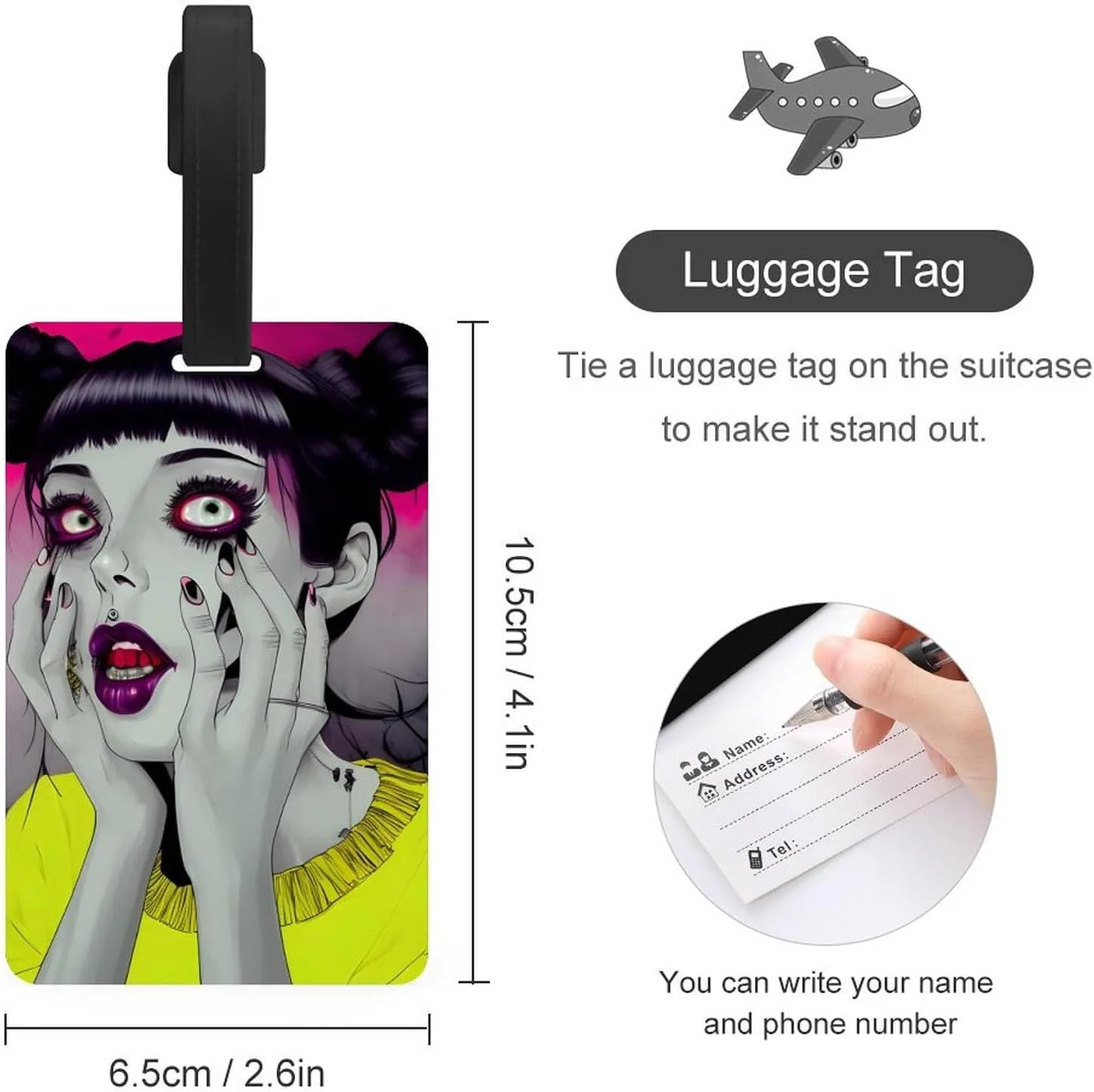 Goth Gothic Weird Girl Art Luggage Bag Tags with Adjustable PVC Loop - Privacy Travel Id Tag Waterproof Travel Bag Labels