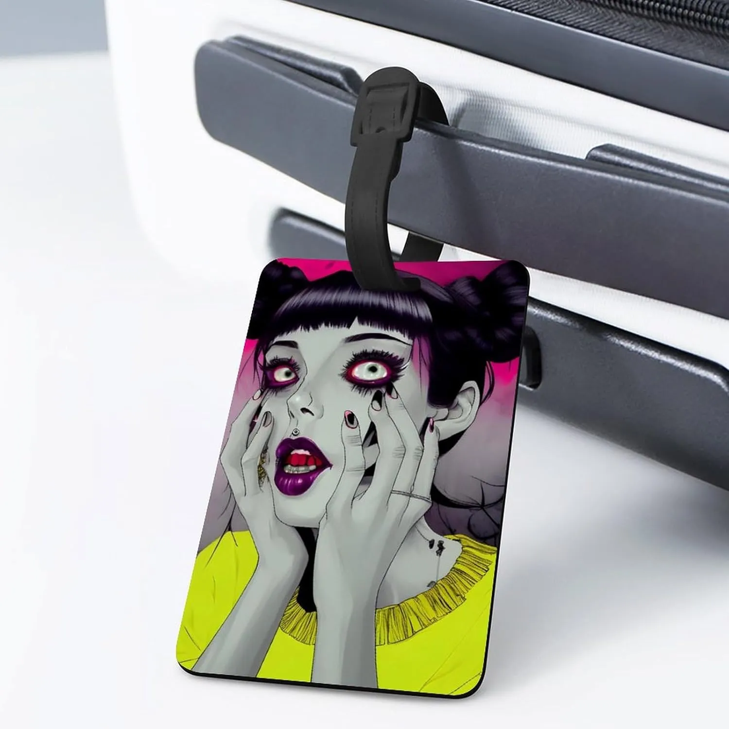 Goth Gothic Weird Girl Art Luggage Bag Tags with Adjustable PVC Loop - Privacy Travel Id Tag Waterproof Travel Bag Labels