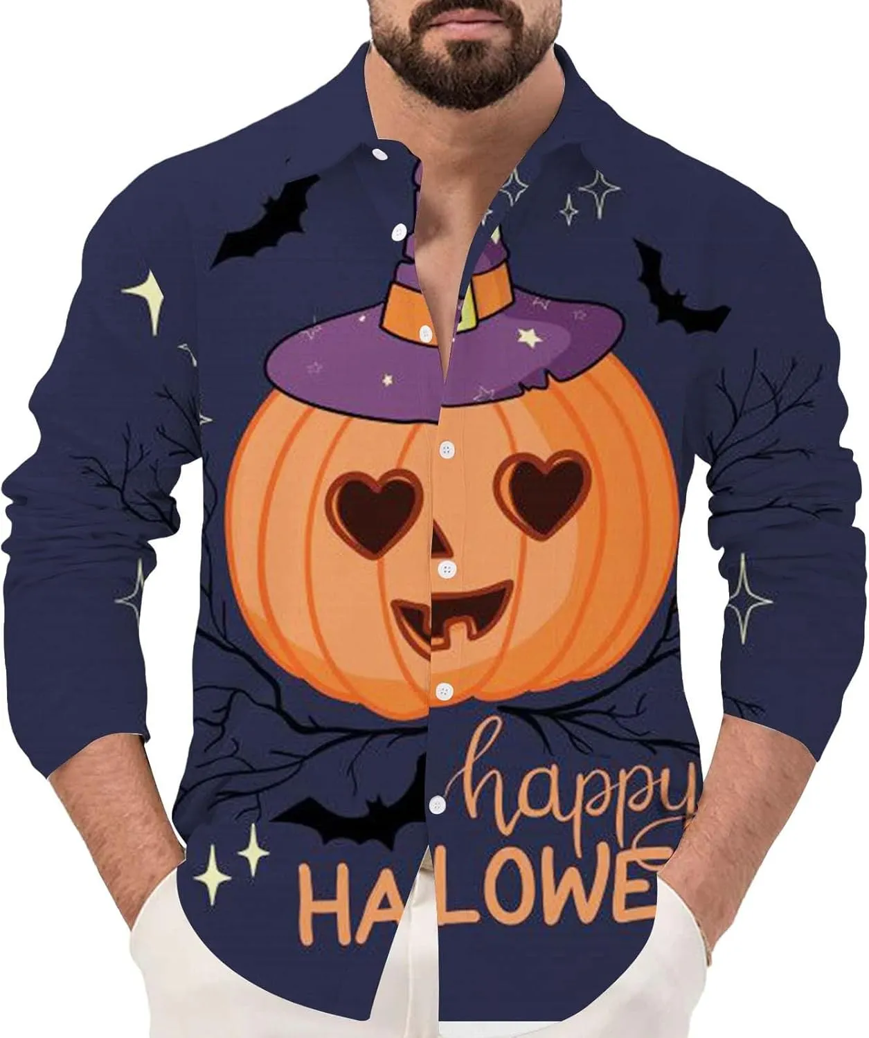 Halloween Button Down Shirt for Men Happy Halloween Shirts Pumpkins Printed Casual Long Sleeve Hawaiian Party Shirts