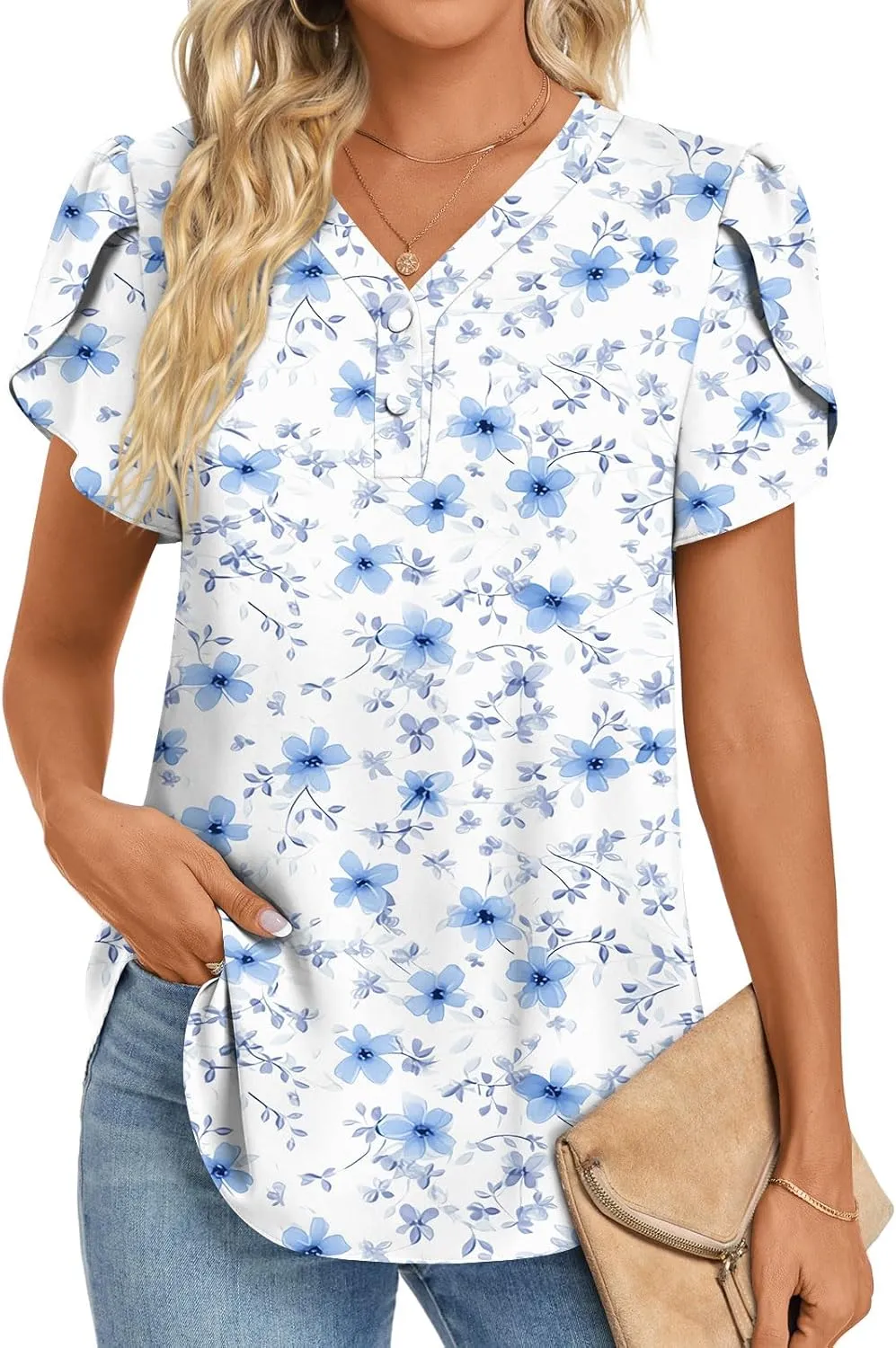HOTGIFT Womens Blouse 2025 Summer Short Sleeve V Neck Buttons Chiffon Tops M-3XL