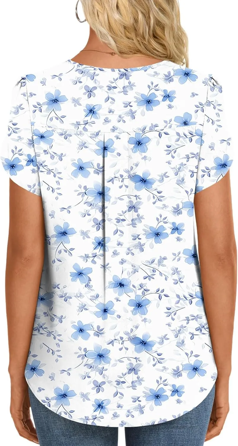 HOTGIFT Womens Blouse 2025 Summer Short Sleeve V Neck Buttons Chiffon Tops M-3XL