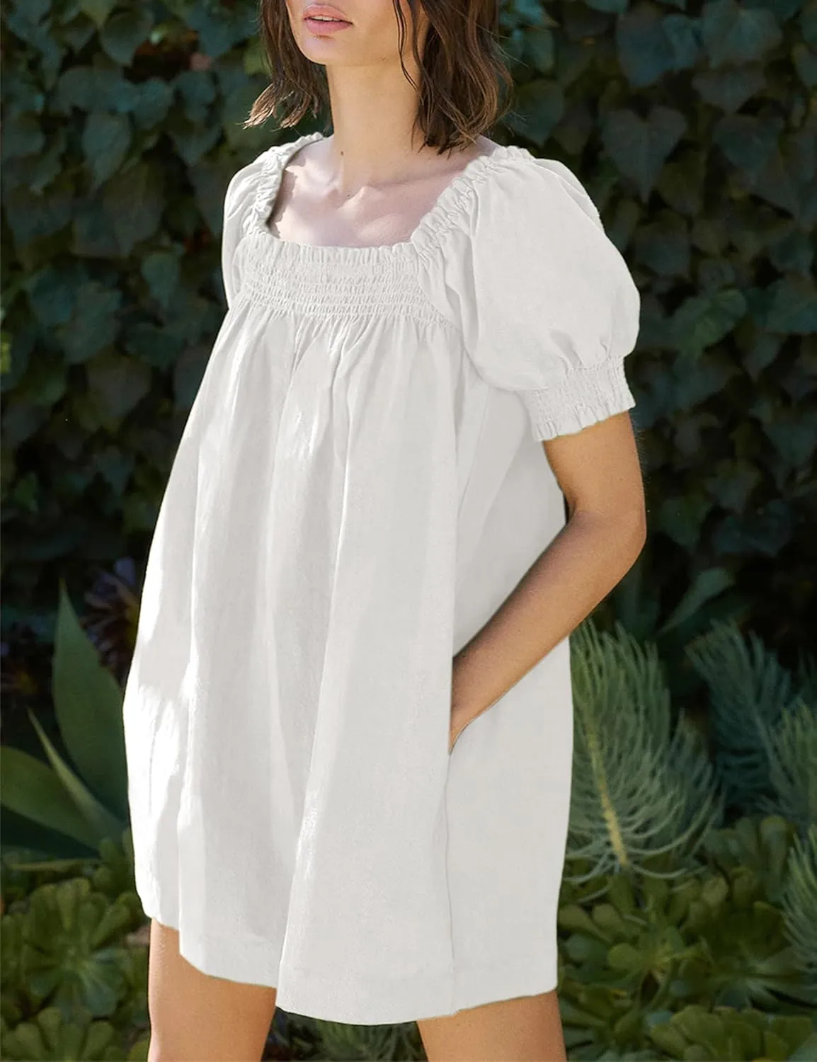 Huaqiao Womens Summer Linen Mini Dress Sundress 2025 A-Line Beach Casual Loose Dress with Pockets