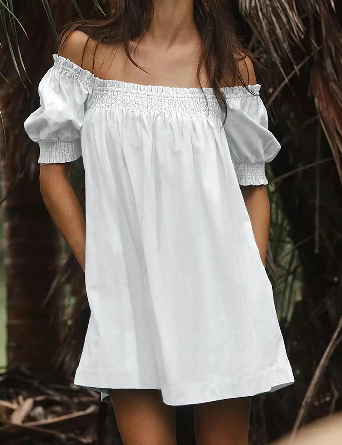 Huaqiao Womens Summer Linen Mini Dress Sundress 2025 A-Line Beach Casual Loose Dress with Pockets
