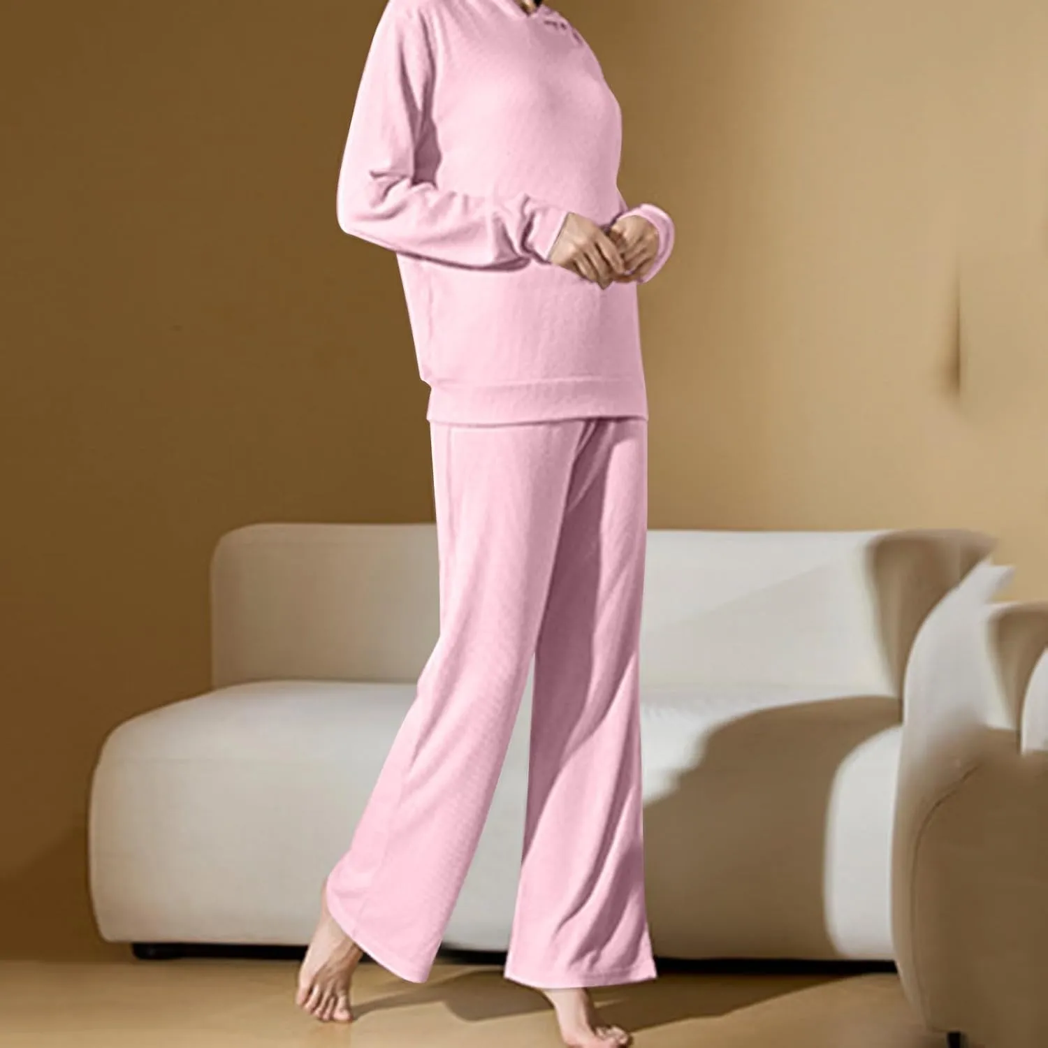 JOAU Women's 2 Piece Outfits Long Sleeve Hooded Pullover Tops and Wide Leg Pants Ribbed Knit Pajamas Lounge Sleepwear Set