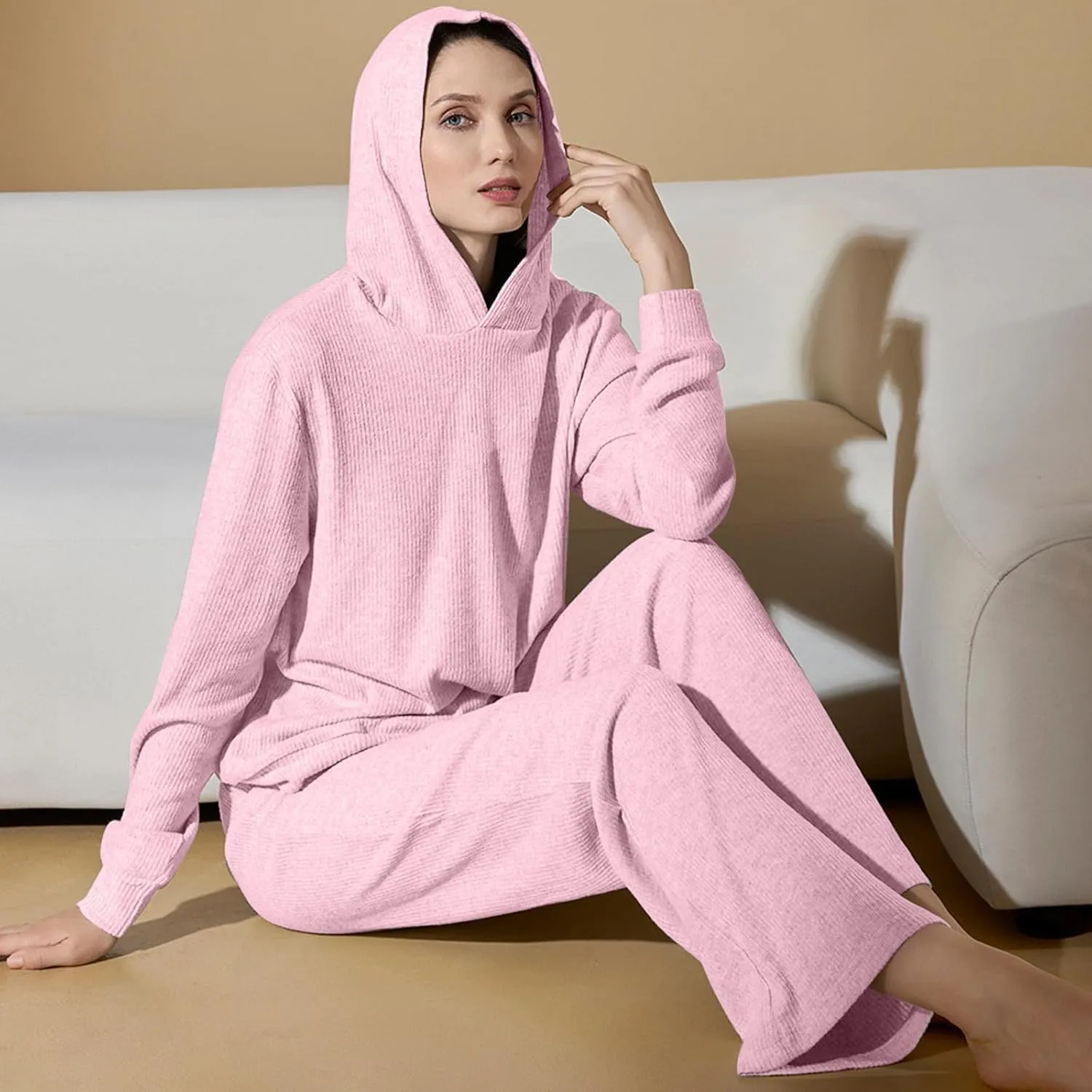 JOAU Women's 2 Piece Outfits Long Sleeve Hooded Pullover Tops and Wide Leg Pants Ribbed Knit Pajamas Lounge Sleepwear Set