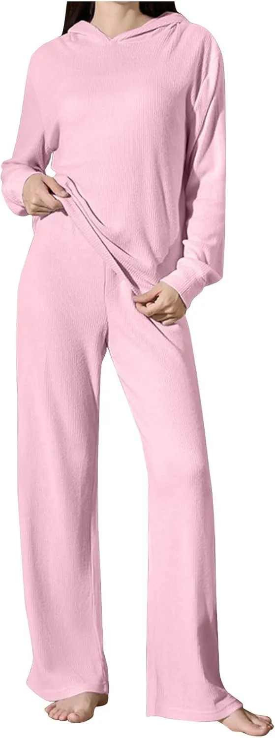 JOAU Women's 2 Piece Outfits Long Sleeve Hooded Pullover Tops and Wide Leg Pants Ribbed Knit Pajamas Lounge Sleepwear Set