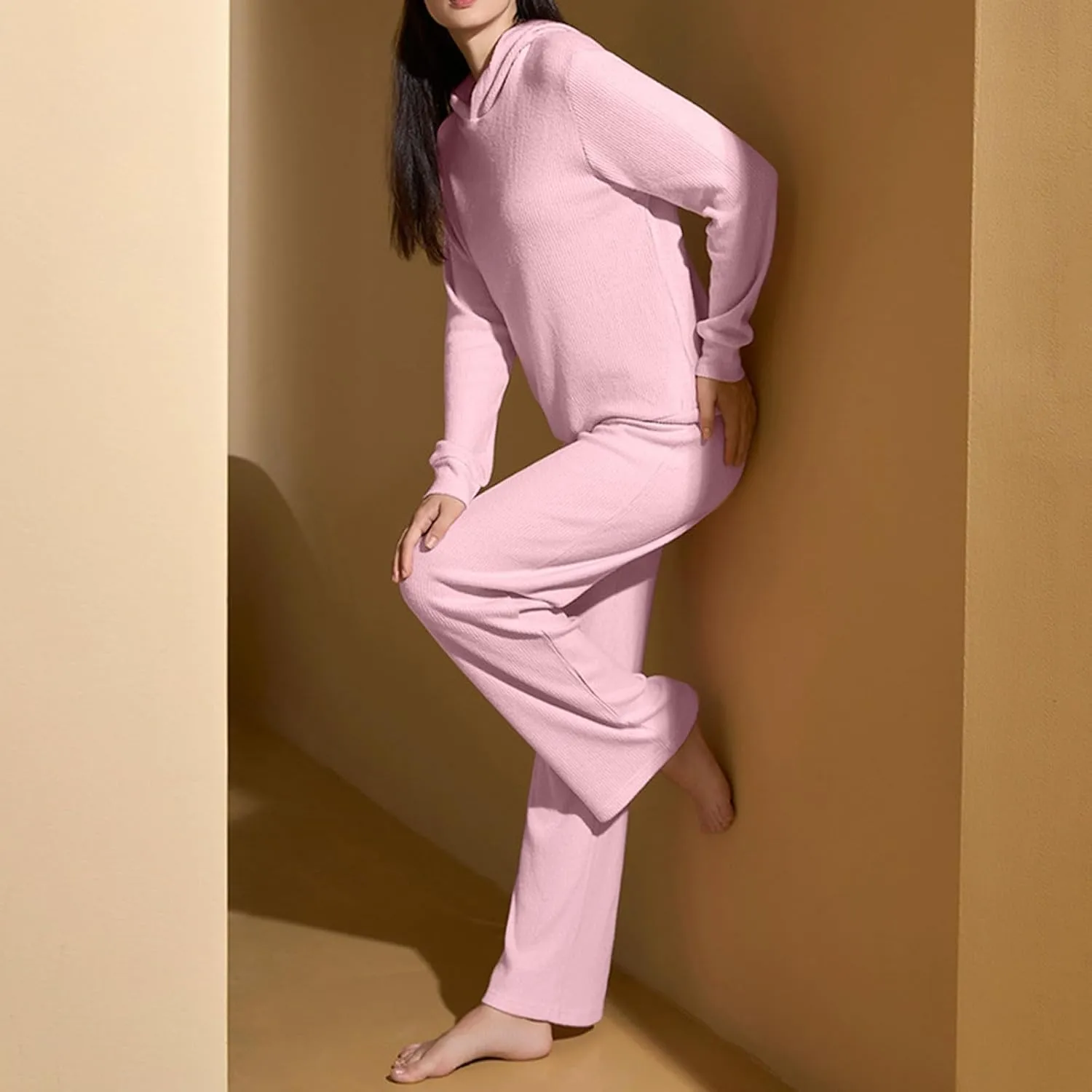 JOAU Women's 2 Piece Outfits Long Sleeve Hooded Pullover Tops and Wide Leg Pants Ribbed Knit Pajamas Lounge Sleepwear Set
