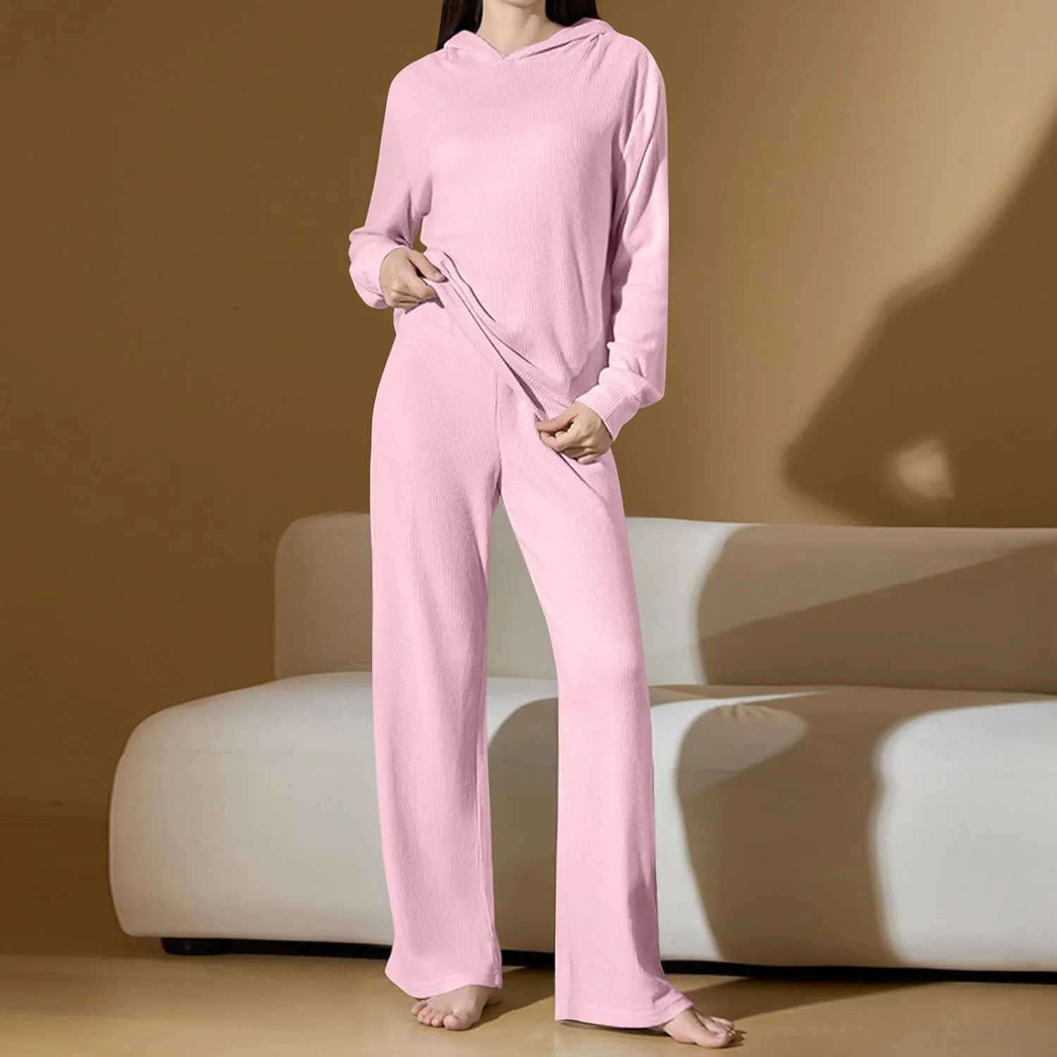 JOAU Women's 2 Piece Outfits Long Sleeve Hooded Pullover Tops and Wide Leg Pants Ribbed Knit Pajamas Lounge Sleepwear Set