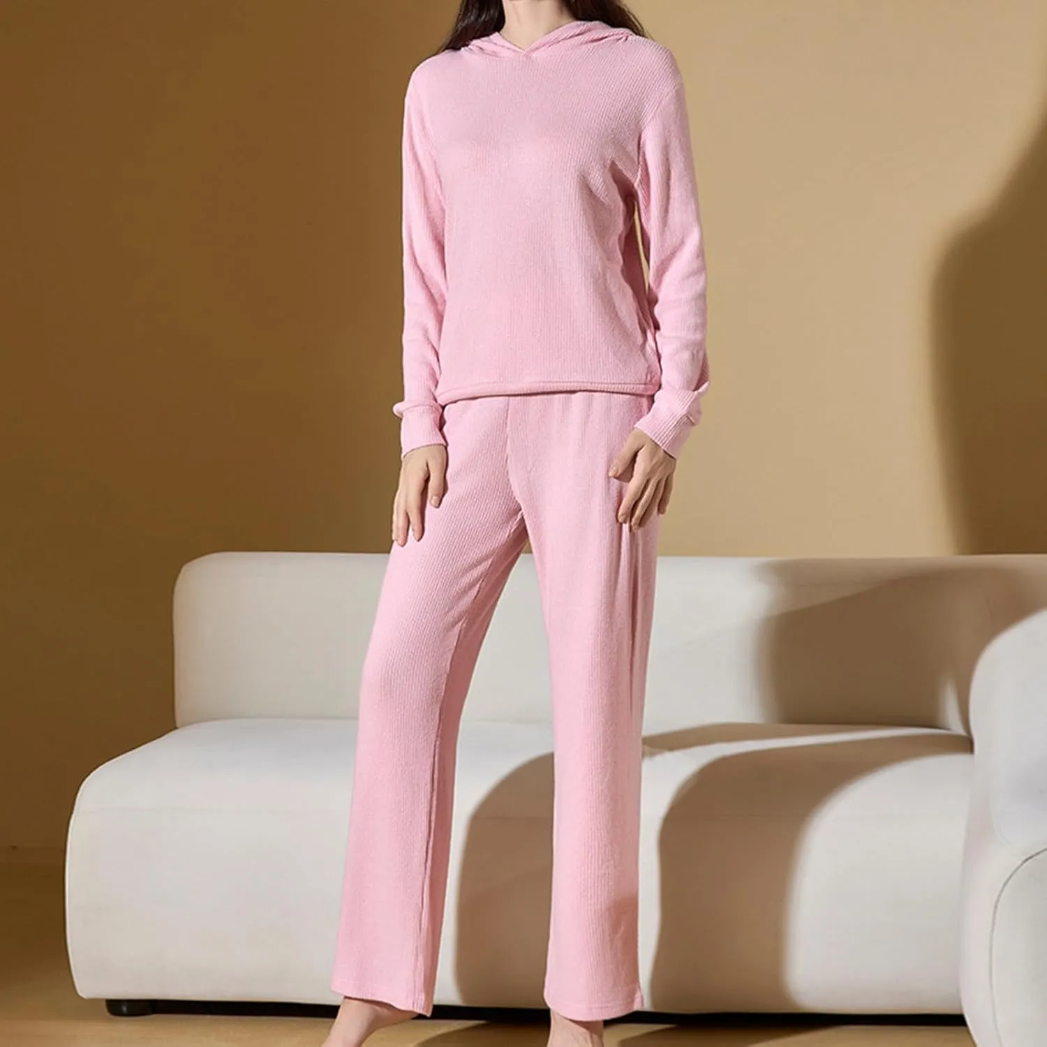 JOAU Women's 2 Piece Outfits Long Sleeve Hooded Pullover Tops and Wide Leg Pants Ribbed Knit Pajamas Lounge Sleepwear Set