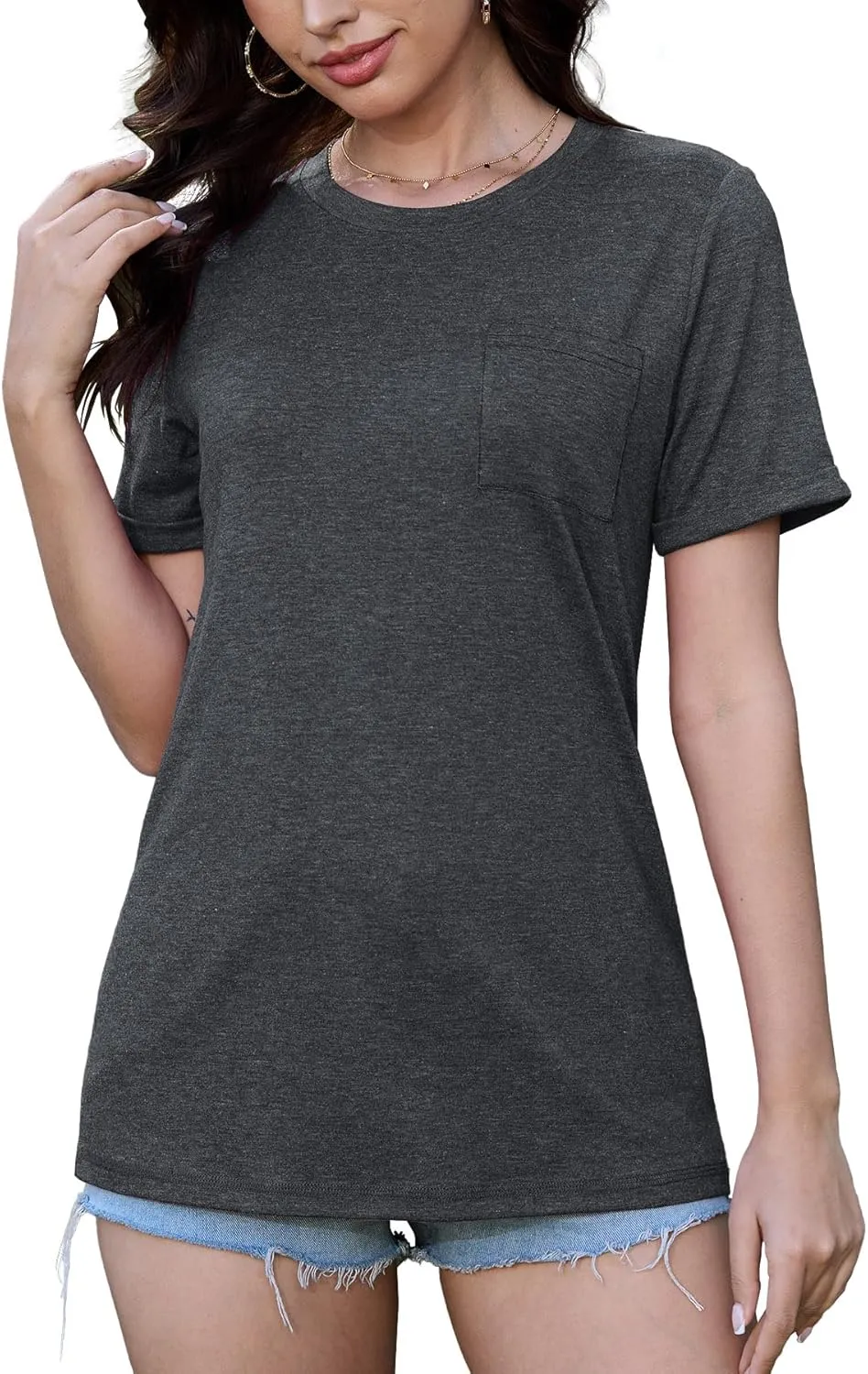JomeDesign Womens Summer Tops Casual Short Sleeve Shirts with Pocket Lightweight Crew Neck Tee Classic Fit