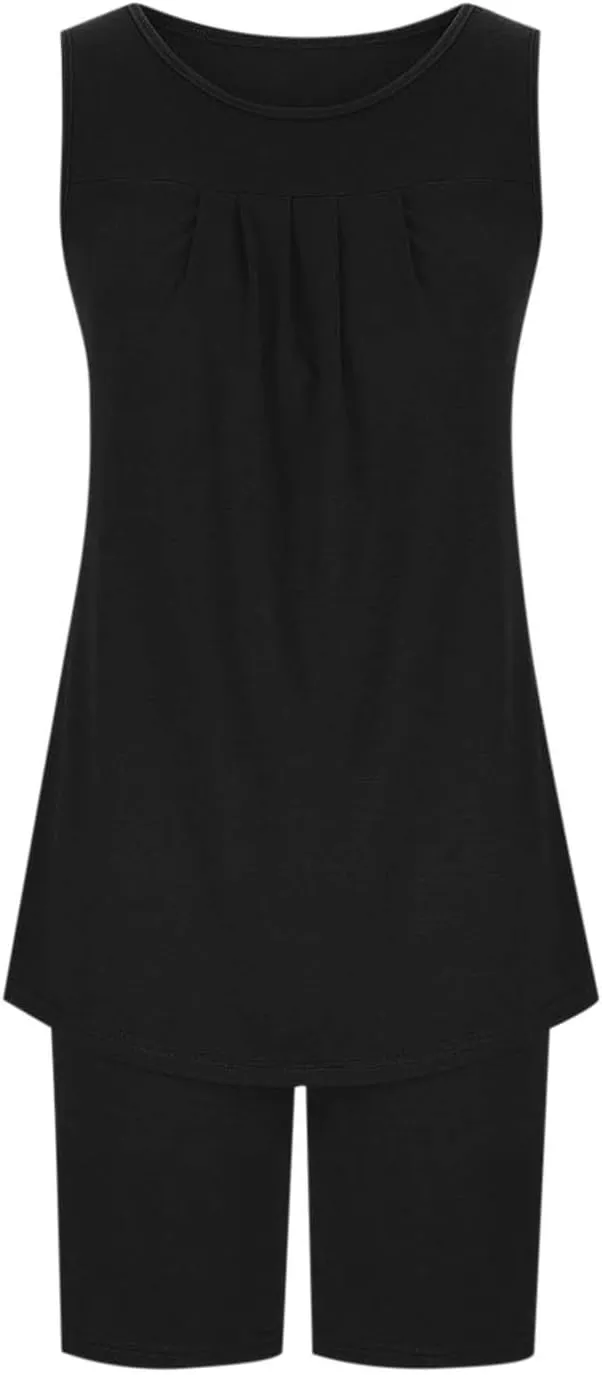 jsaierl Women Shorts Pajamas Sets Two Piece Summer Sleeveless Pjs Tank Top Casual Pleated Sleepwear Soft Loungewear Outfits