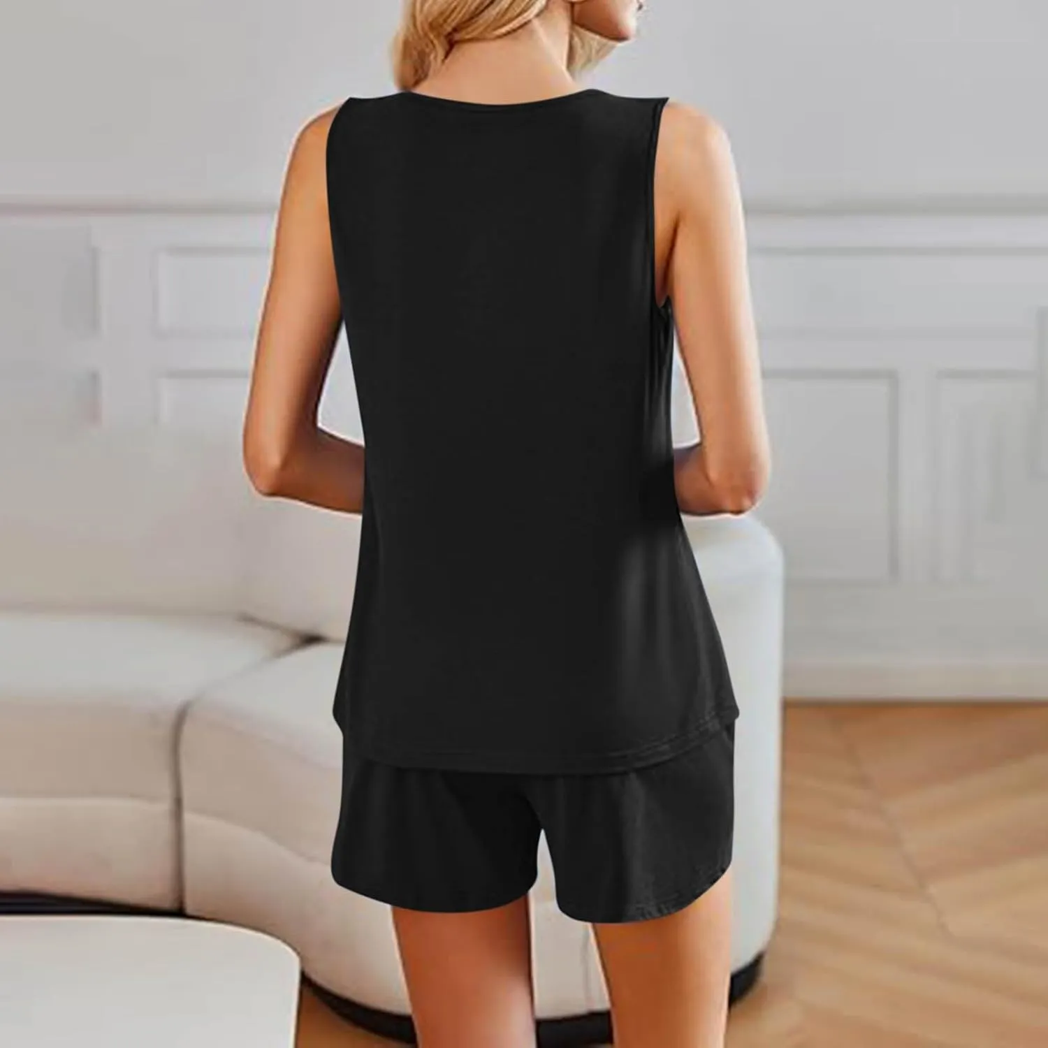 jsaierl Women Shorts Pajamas Sets Two Piece Summer Sleeveless Pjs Tank Top Casual Pleated Sleepwear Soft Loungewear Outfits