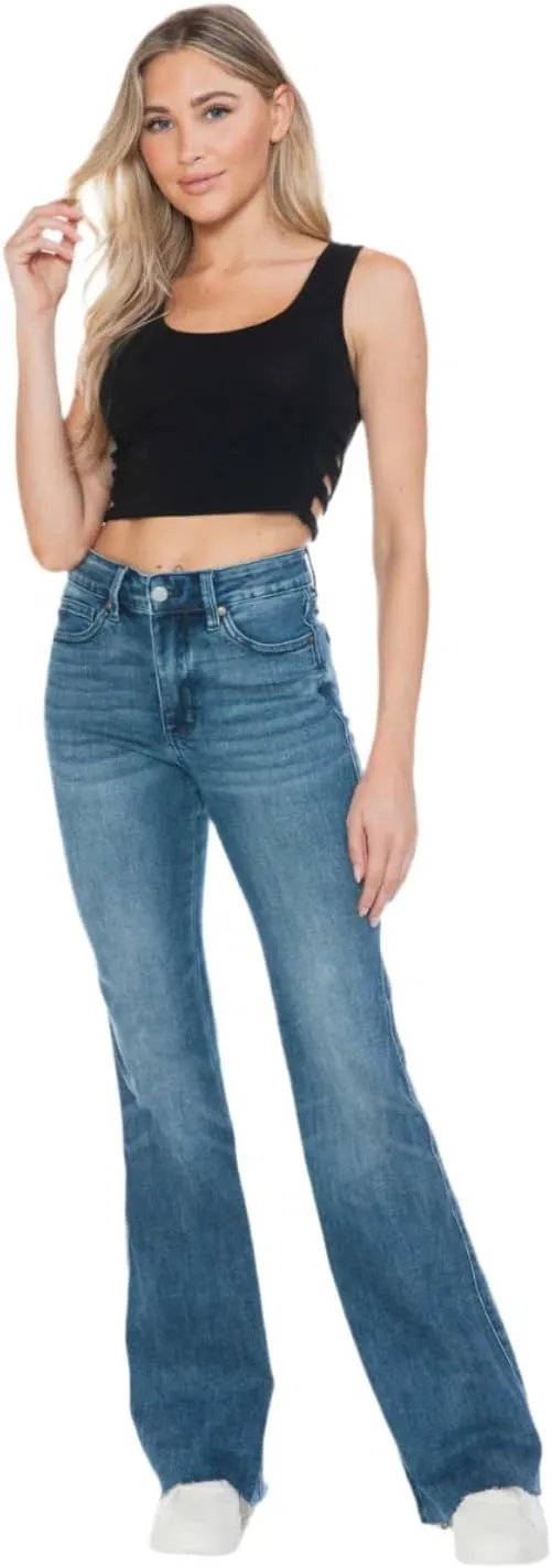 Judy Blue Mid Rise Tummy Control Cut Hem Flare Jeans- Ivory Gem