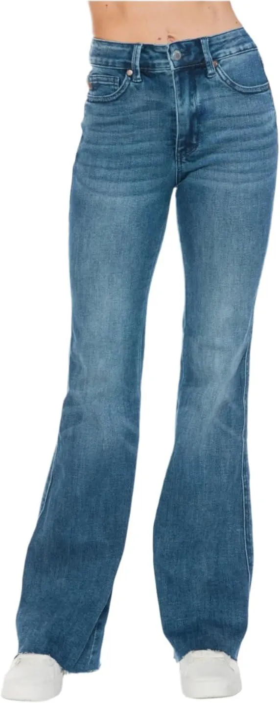 Judy Blue Mid Rise Tummy Control Cut Hem Flare Jeans- Ivory Gem