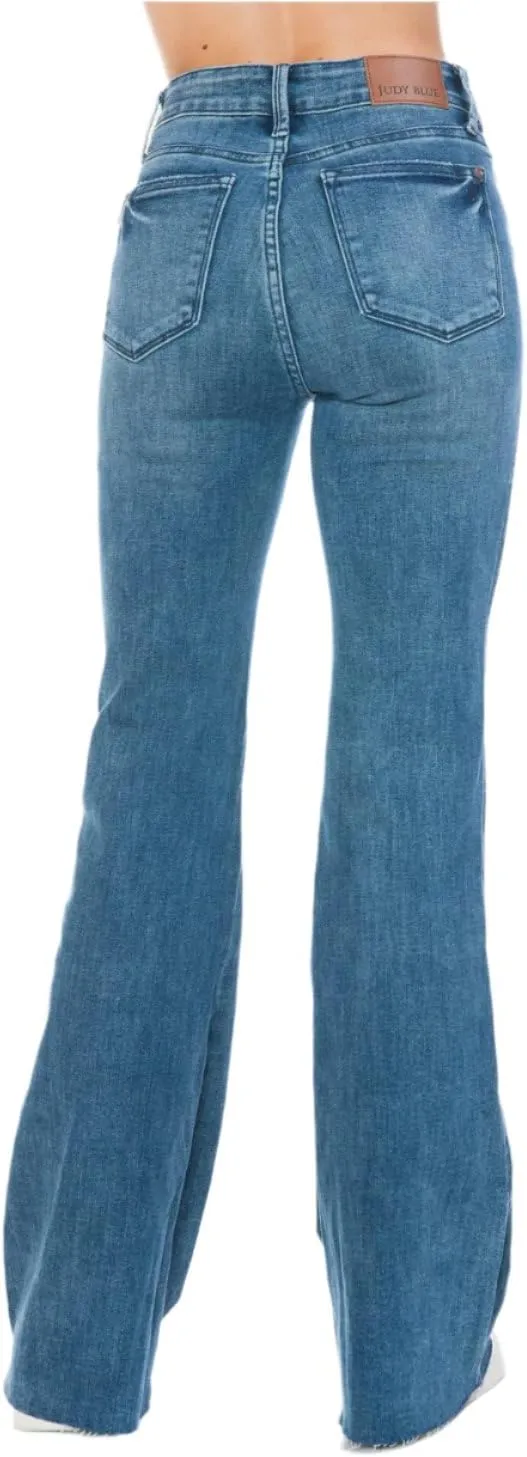 Judy Blue Mid Rise Tummy Control Cut Hem Flare Jeans- Ivory Gem