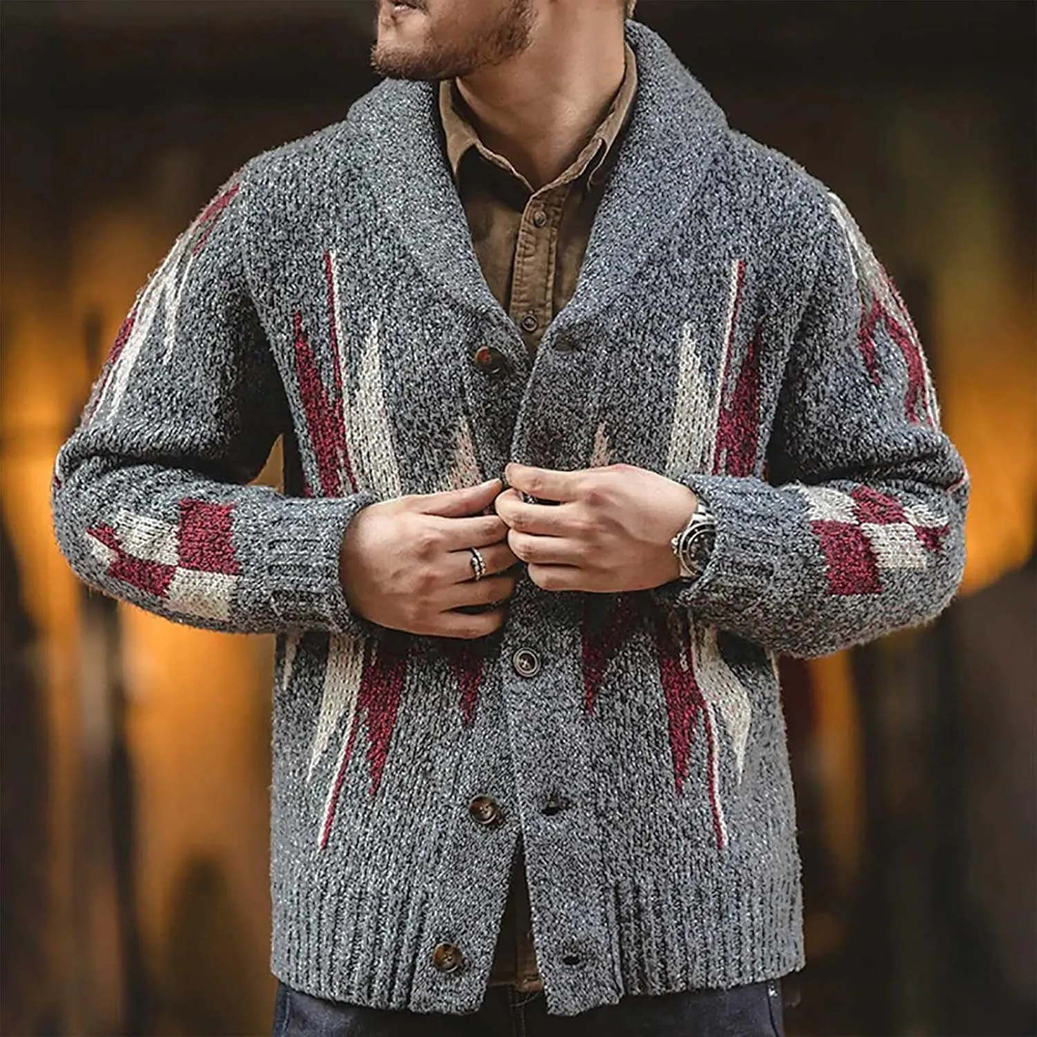 Knit Sweater for Men V Neck Button Down Cardigan Sweater Big and Tall Winter Sweaters Shawl Collar Knit Cardigan