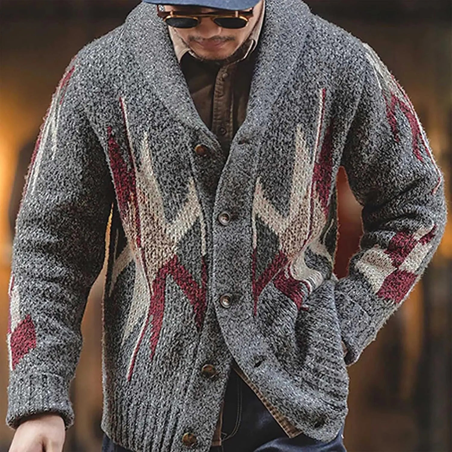Knit Sweater for Men V Neck Button Down Cardigan Sweater Big and Tall Winter Sweaters Shawl Collar Knit Cardigan